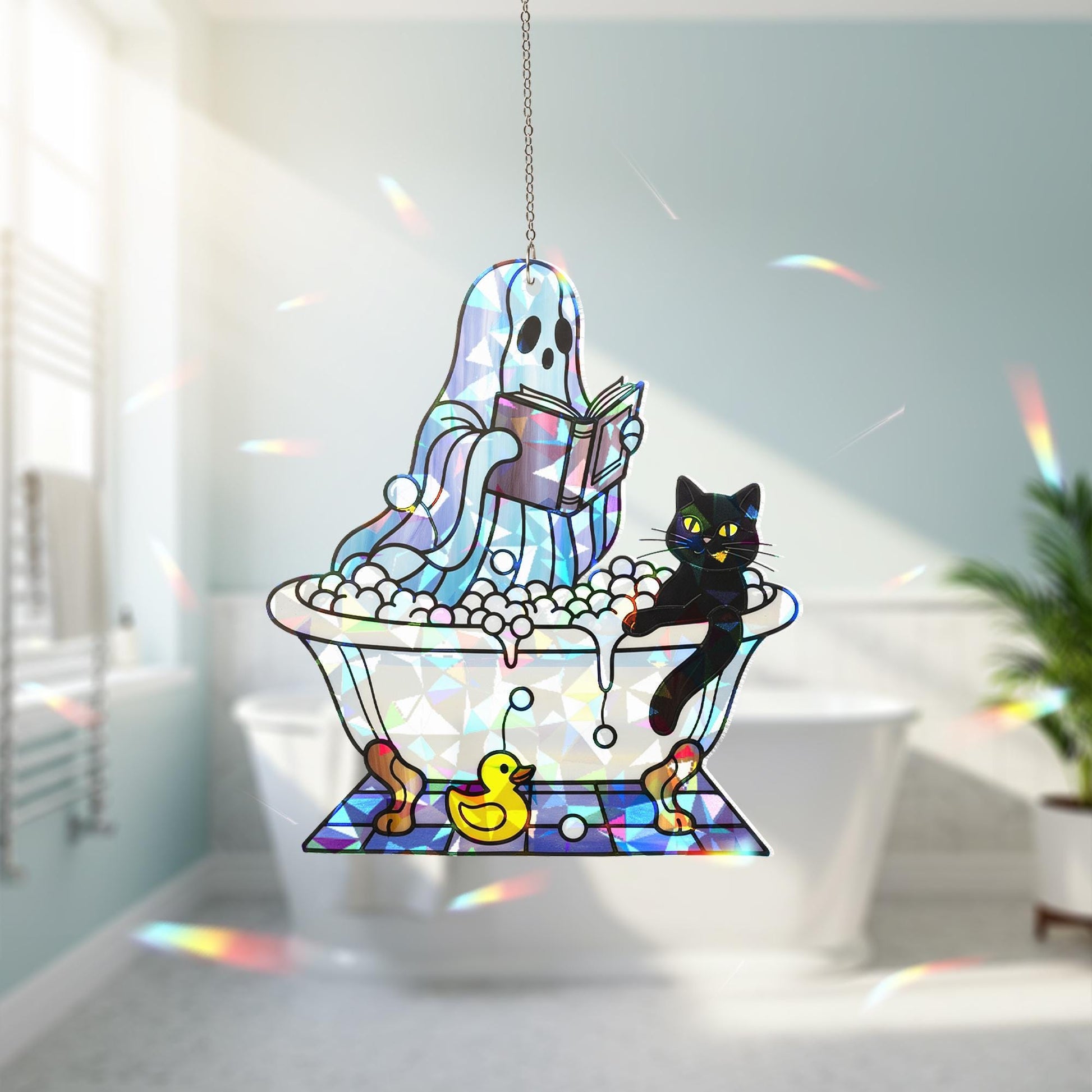 Holographic Ghost Bathroom Suncatcher – Broken Glass Look with Cat & Duck, Cute Spooky Window Decor, Funny Haunted Bathtub Art