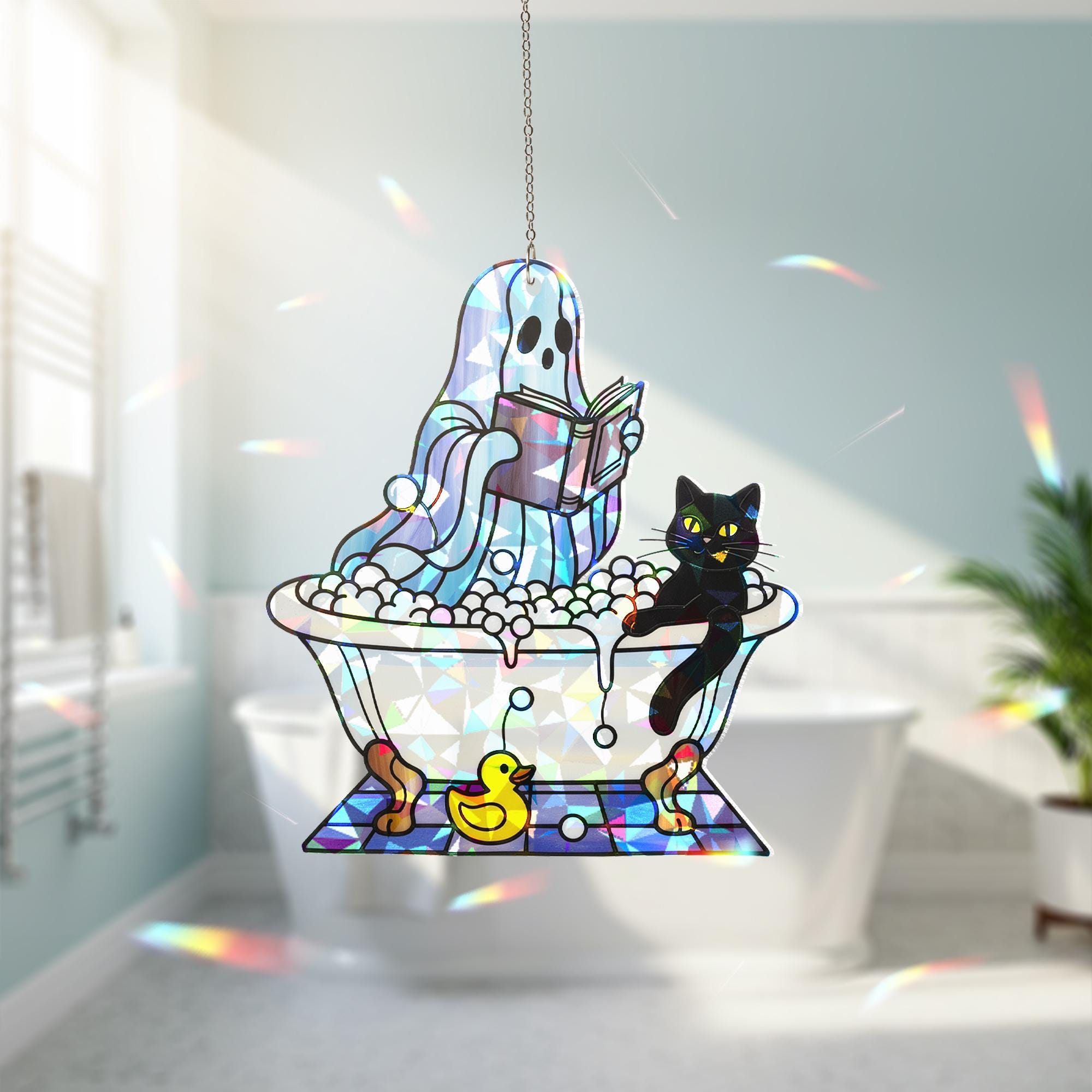 Holographic Ghost Bathroom Suncatcher – Broken Glass Look with Cat & Duck, Cute Spooky Window Decor, Funny Haunted Bathtub Art