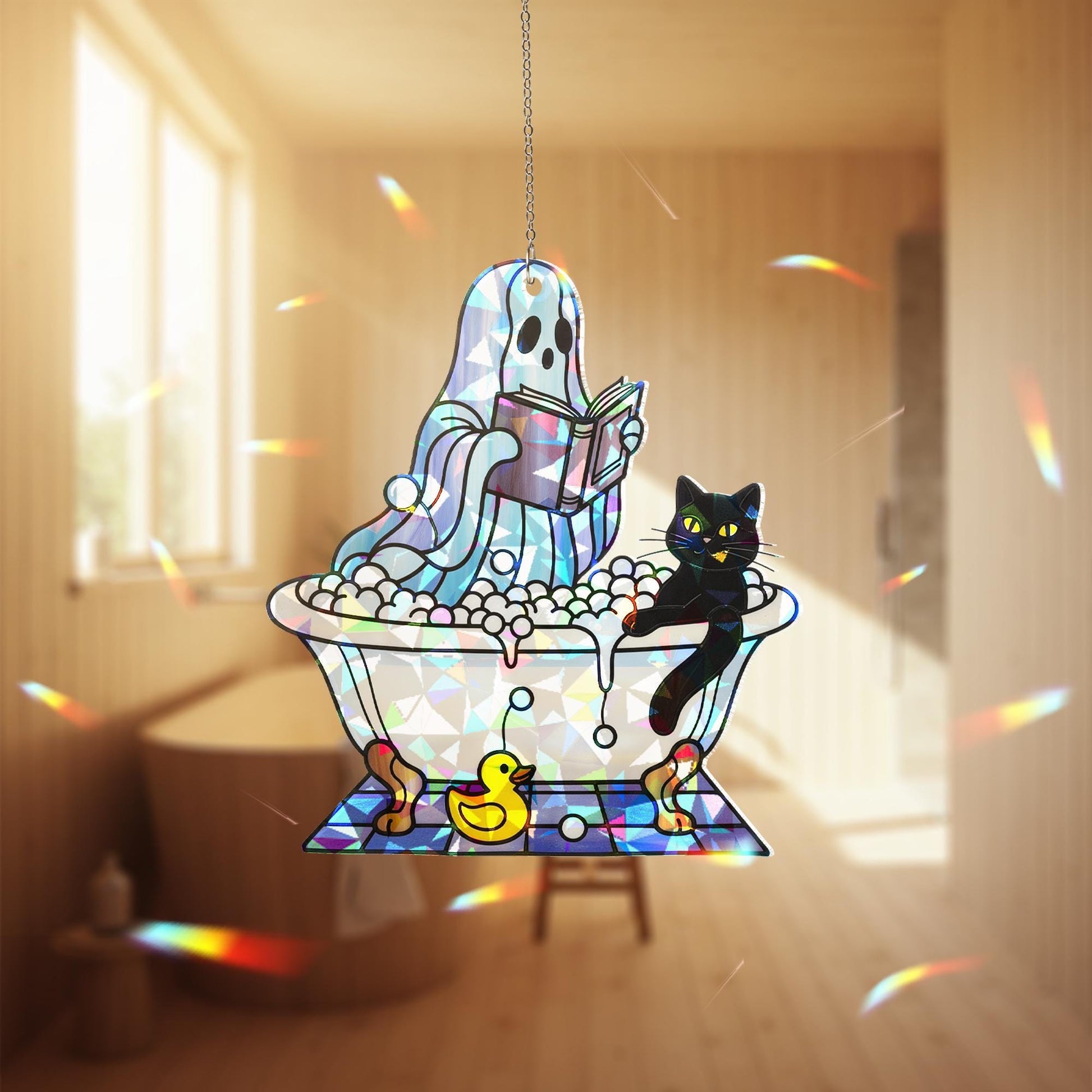 Holographic Ghost Bathroom Suncatcher – Broken Glass Look with Cat & Duck, Cute Spooky Window Decor, Funny Haunted Bathtub Art