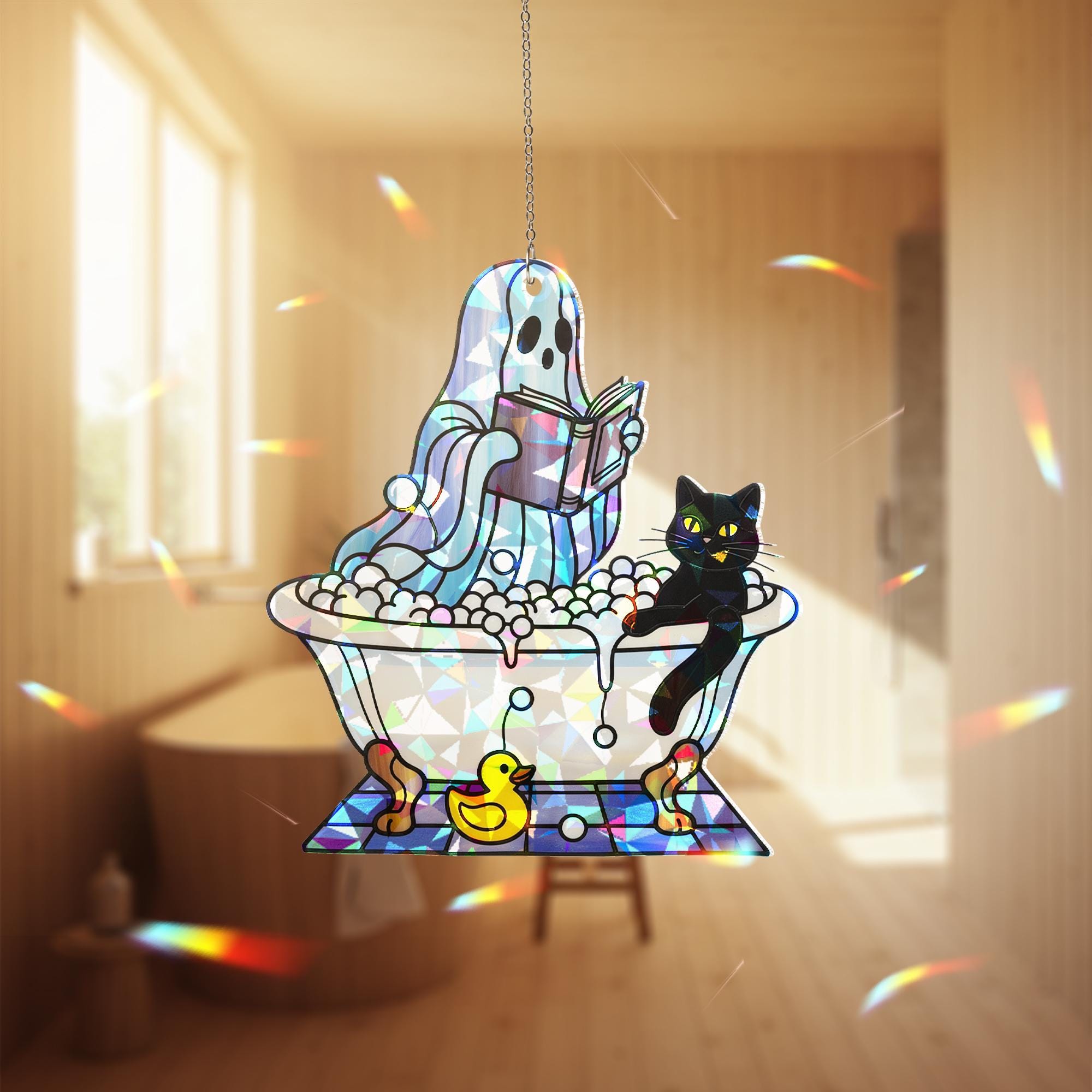 Holographic Ghost Bathroom Suncatcher – Broken Glass Look with Cat & Duck, Cute Spooky Window Decor, Funny Haunted Bathtub Art
