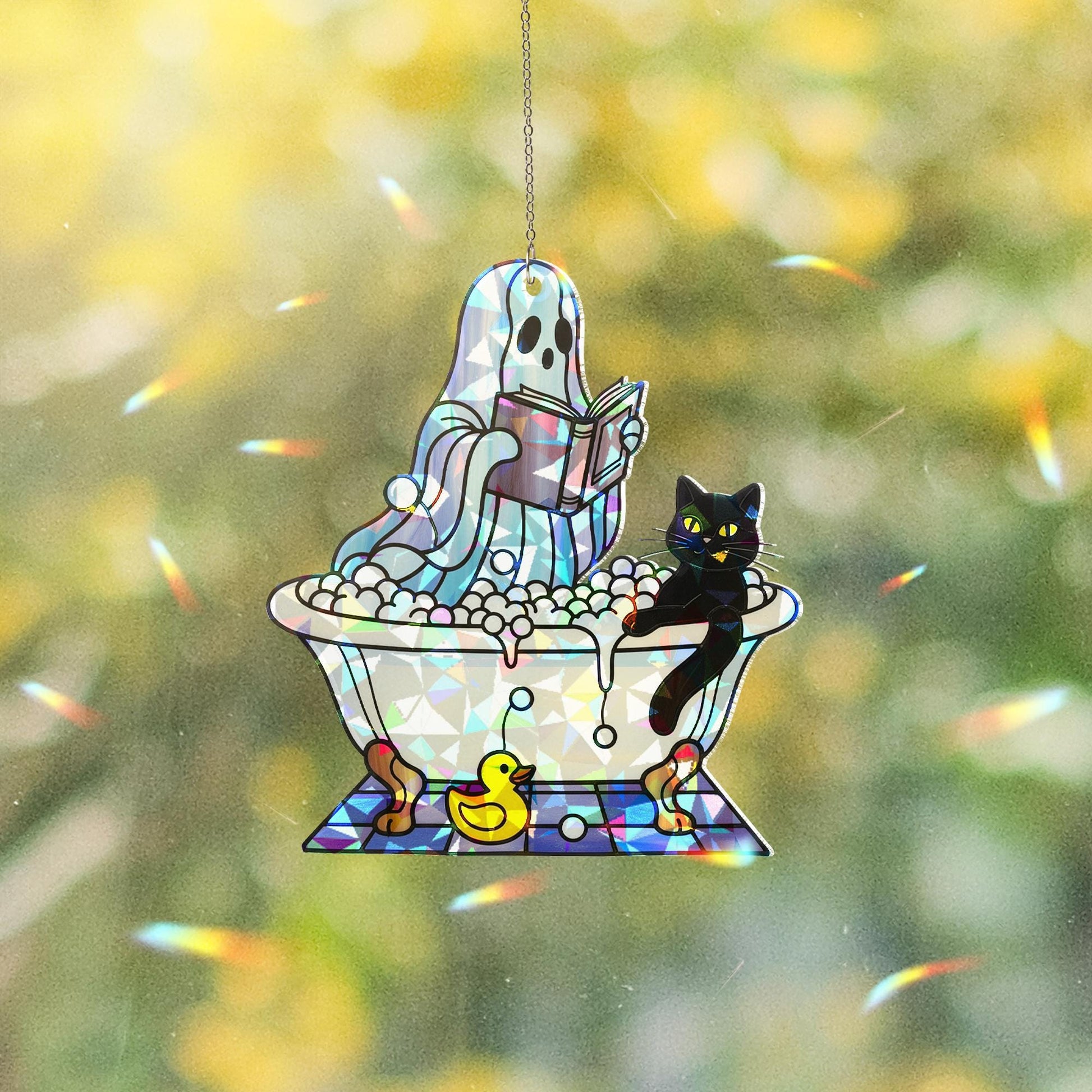 Holographic Ghost Bathroom Suncatcher – Broken Glass Look with Cat & Duck, Cute Spooky Window Decor, Funny Haunted Bathtub Art