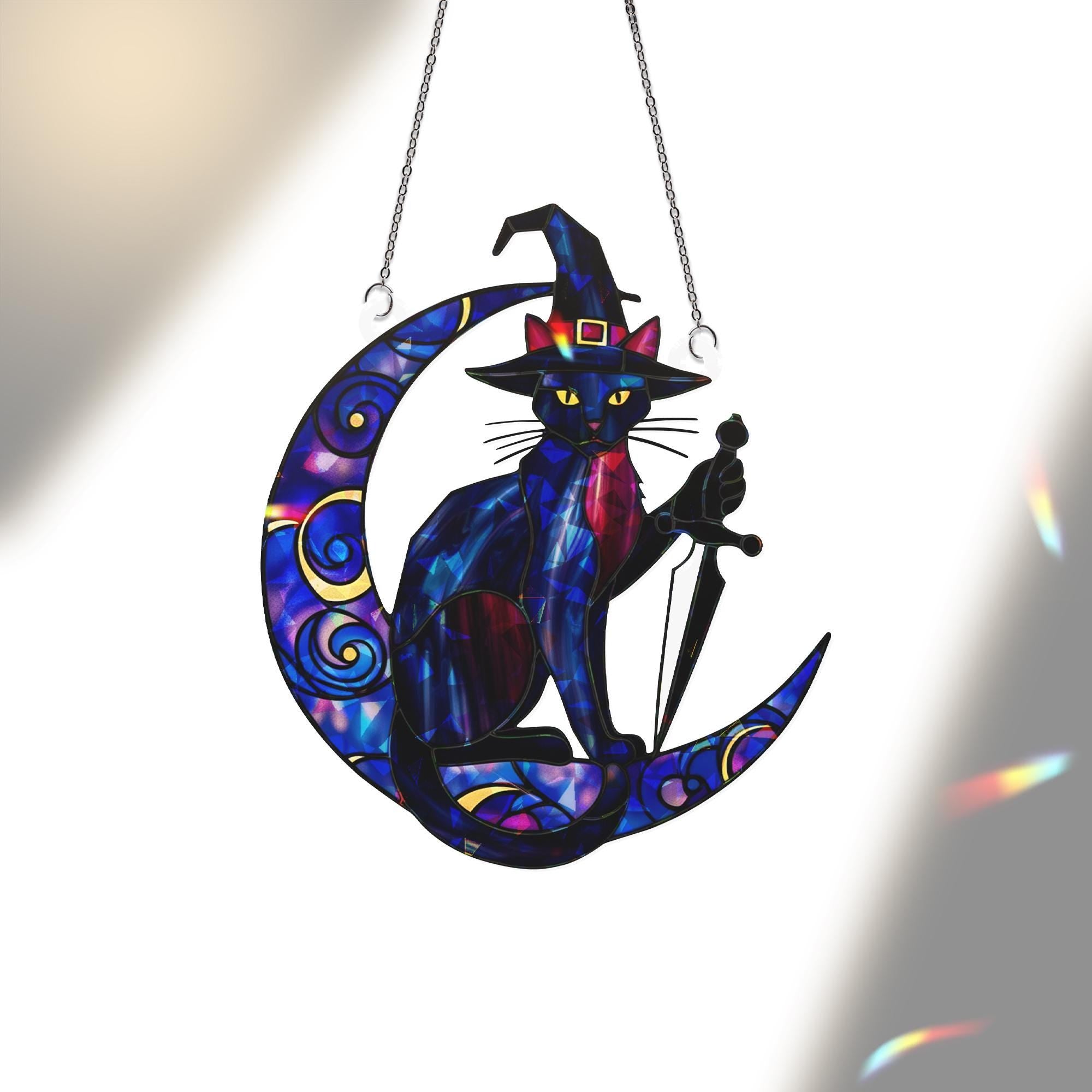 Witch Cat Moon Suncatcher – Holographic Acrylic Window Decor with Crescent Moon , Gothic Fantasy Familiar Witchy Art