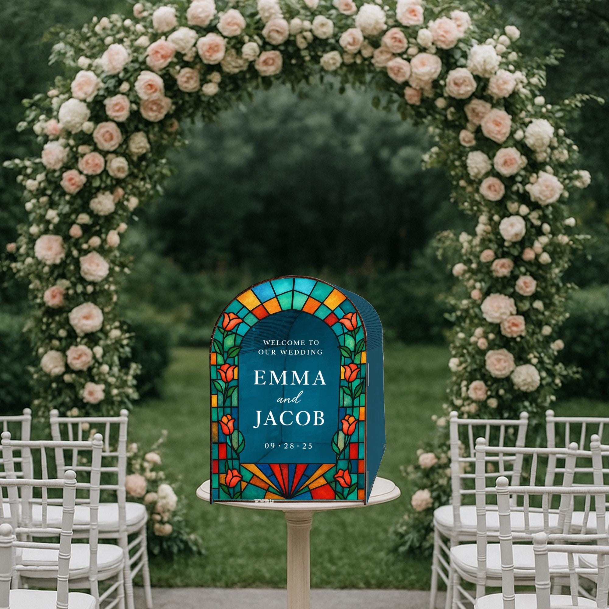 Custom Wedding Card Box – Personalized Arched Gift Box with Names & Date, Custom Floral Reception Decor Keepsake