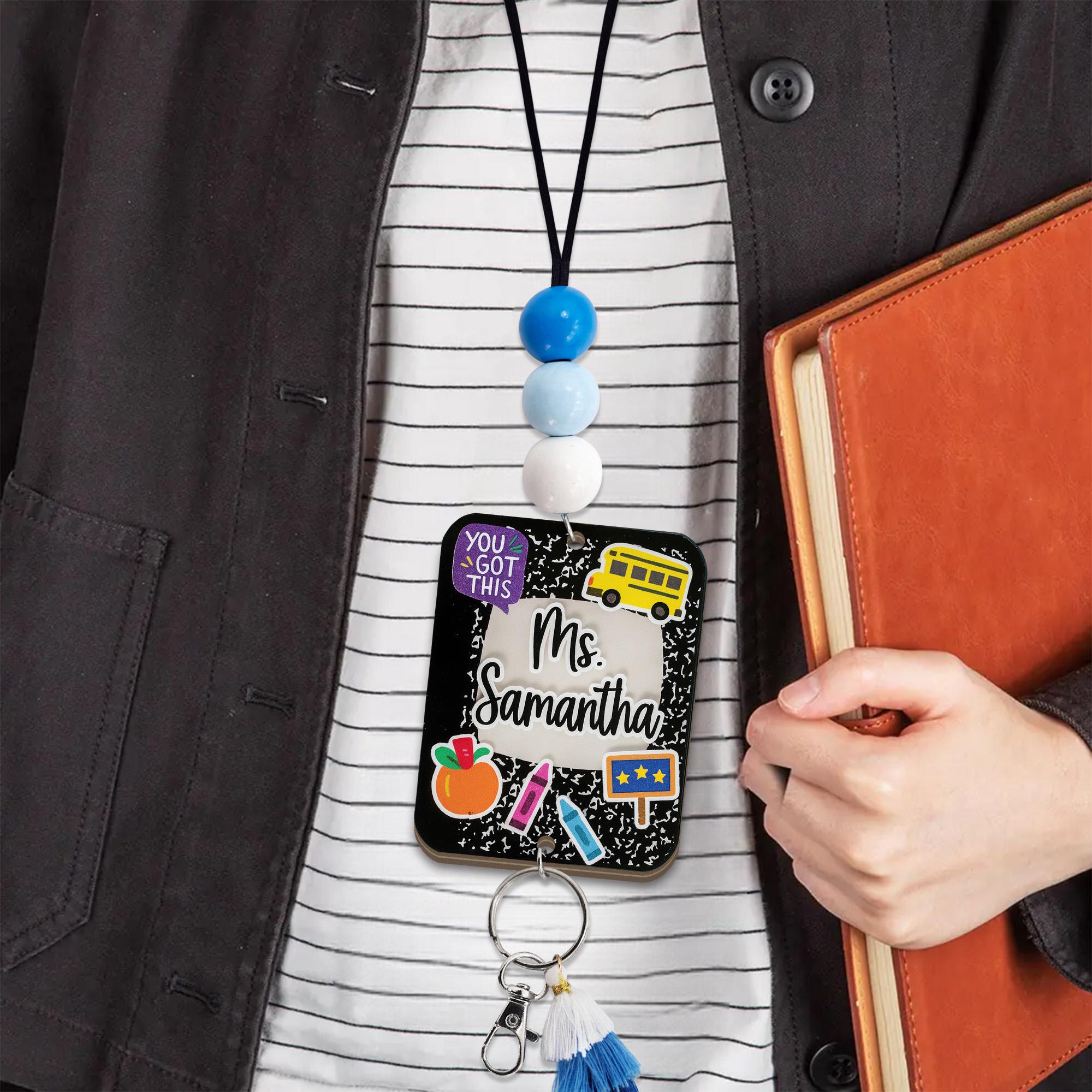 Personalized Teacher ID Badge – Cute Beaded Lanyard with Name, composition book style Tassel & School Icons, Custom Classroom Accessory Gift