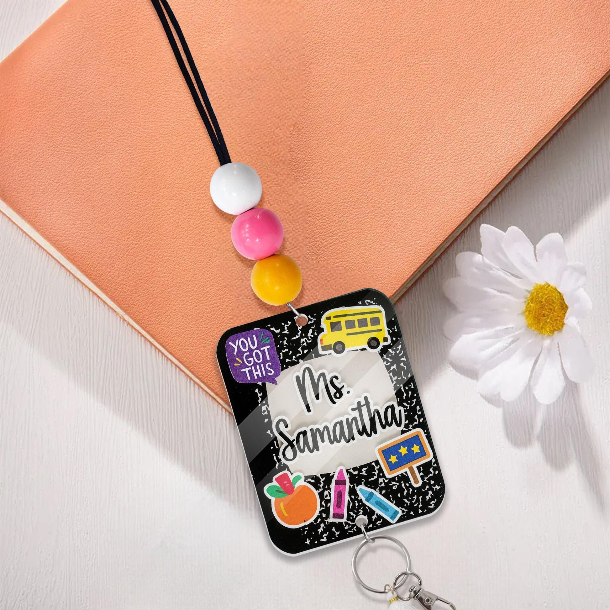 Personalized Teacher ID Badge – Cute Beaded Lanyard with Name, composition book style Tassel & School Icons, Custom Classroom Accessory Gift