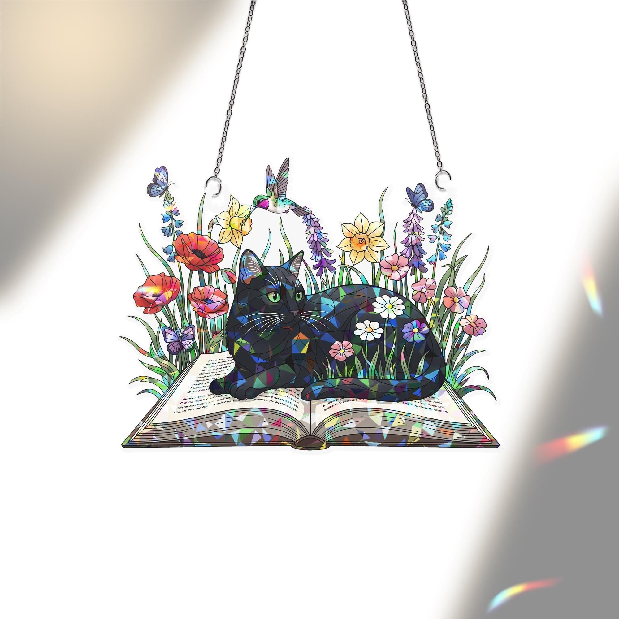 Black Cat Faux Stained Glass Window Hanging – Floral Holographic Suncatcher with Book, Butterfly & Nature Decor, Cat Lover Gift