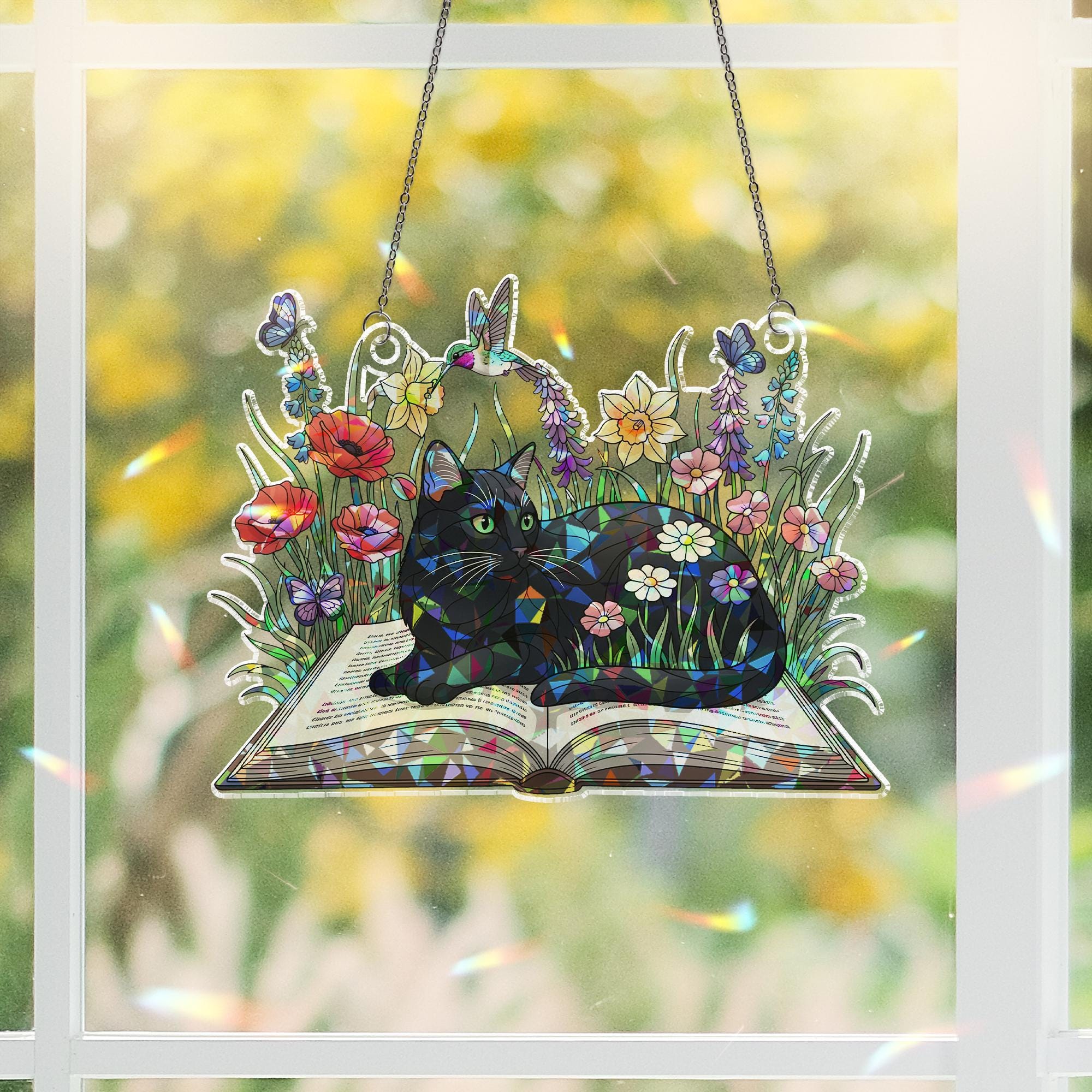 Black Cat Faux Stained Glass Window Hanging – Floral Holographic Suncatcher with Book, Butterfly & Nature Decor, Cat Lover Gift