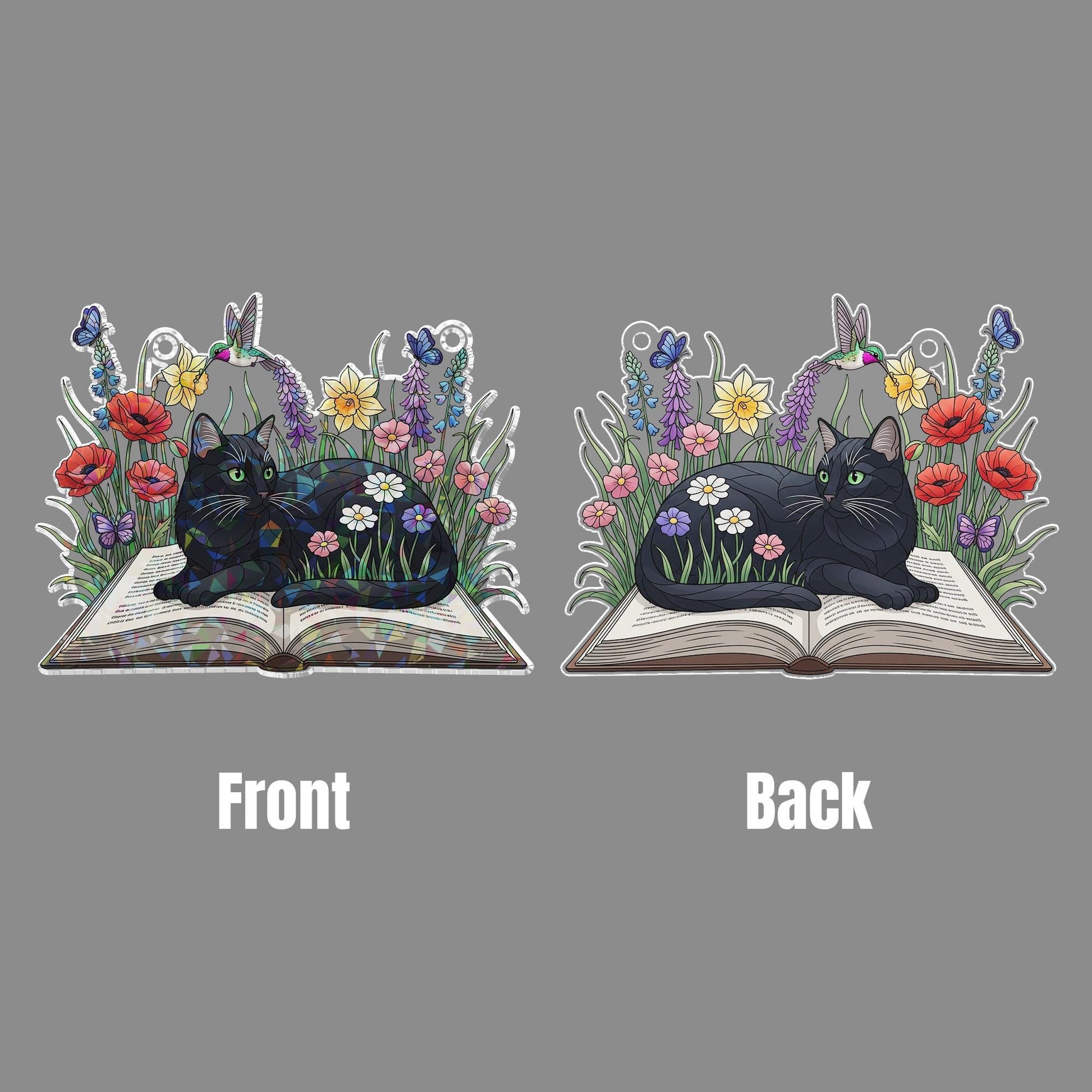 Black Cat Faux Stained Glass Window Hanging – Floral Holographic Suncatcher with Book, Butterfly & Nature Decor, Cat Lover Gift