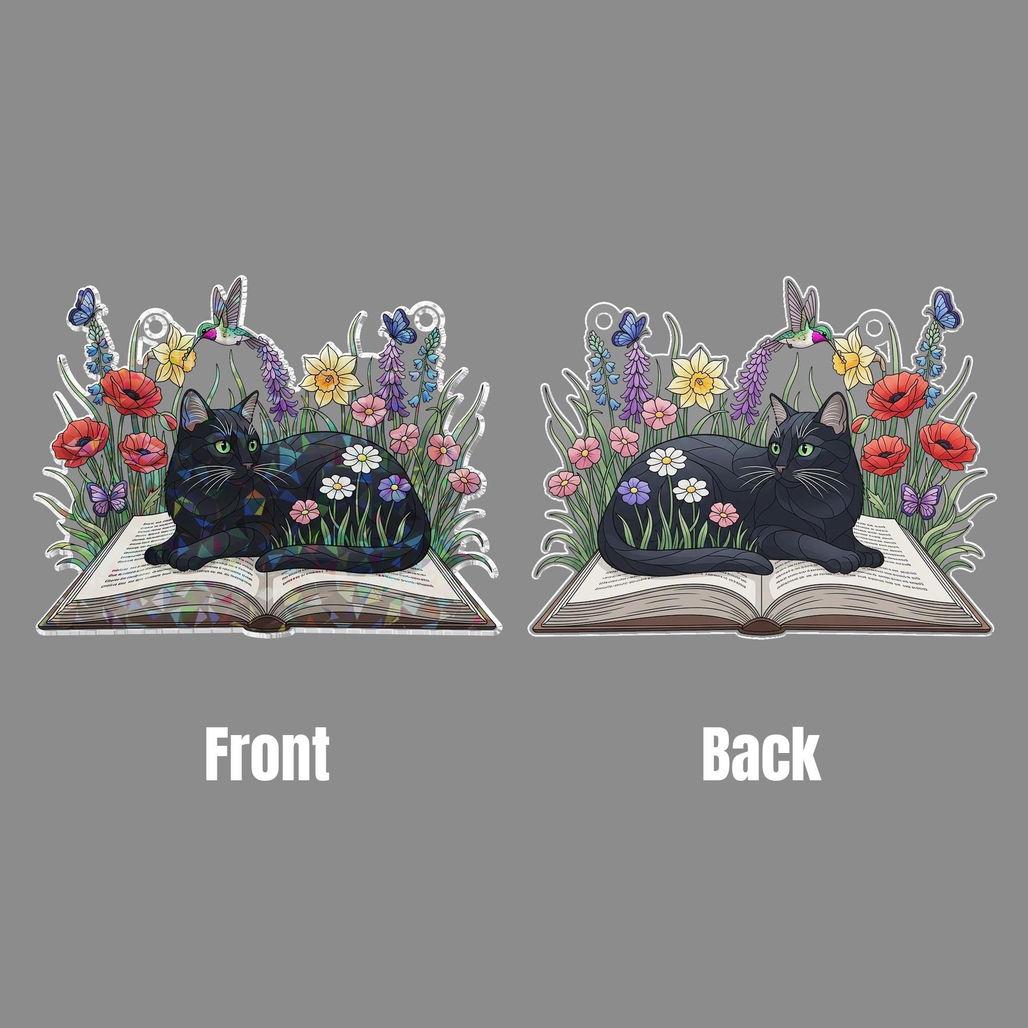 Black Cat Faux Stained Glass Window Hanging – Floral Holographic Suncatcher with Book, Butterfly & Nature Decor, Cat Lover Gift