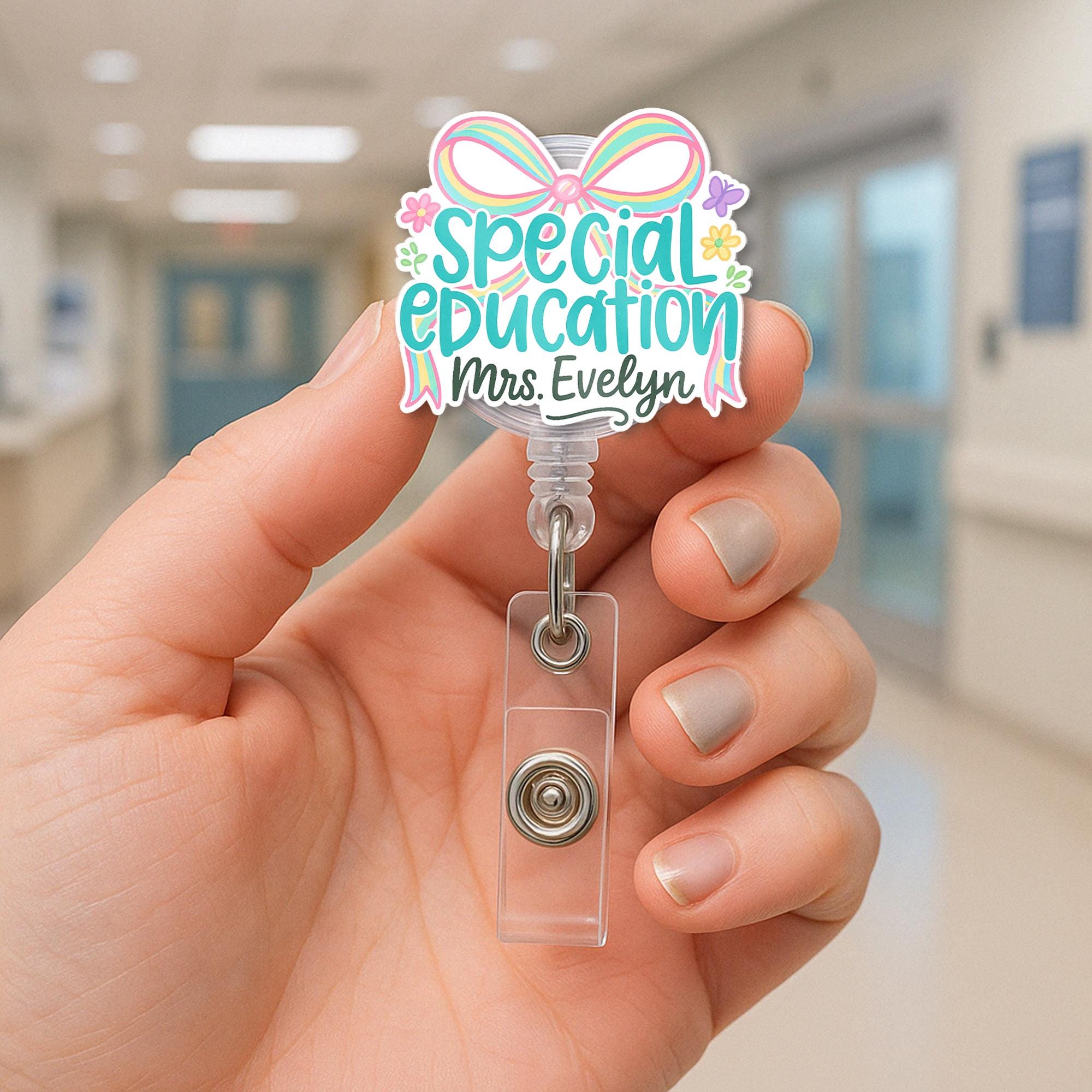 Custom Special Education Badge Reel – Personalized Teacher Name ID Holder with Pastel Bow, Cute Gift for SPED, Para or Educator