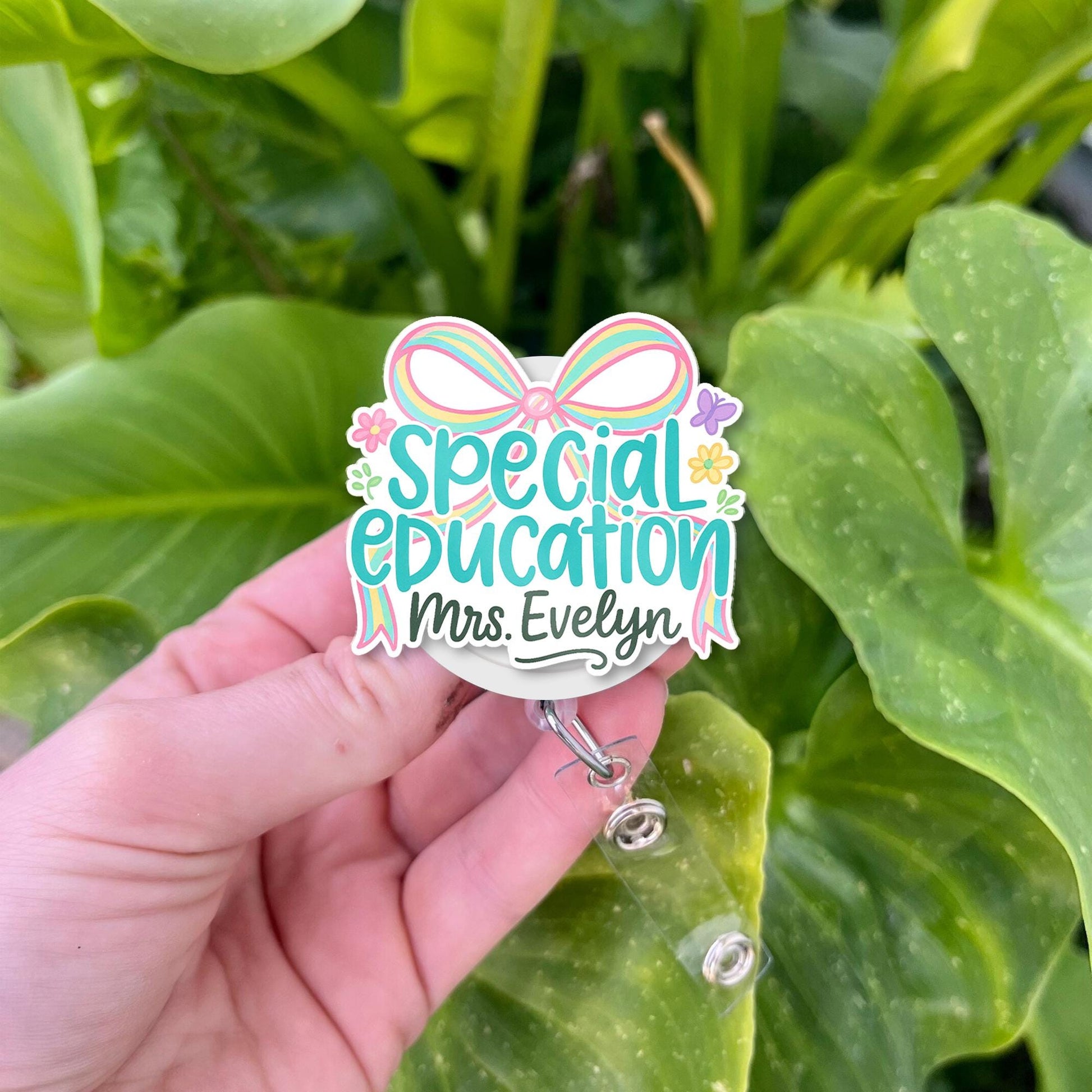 Custom Special Education Badge Reel – Personalized Teacher Name ID Holder with Pastel Bow, Cute Gift for SPED, Para or Educator