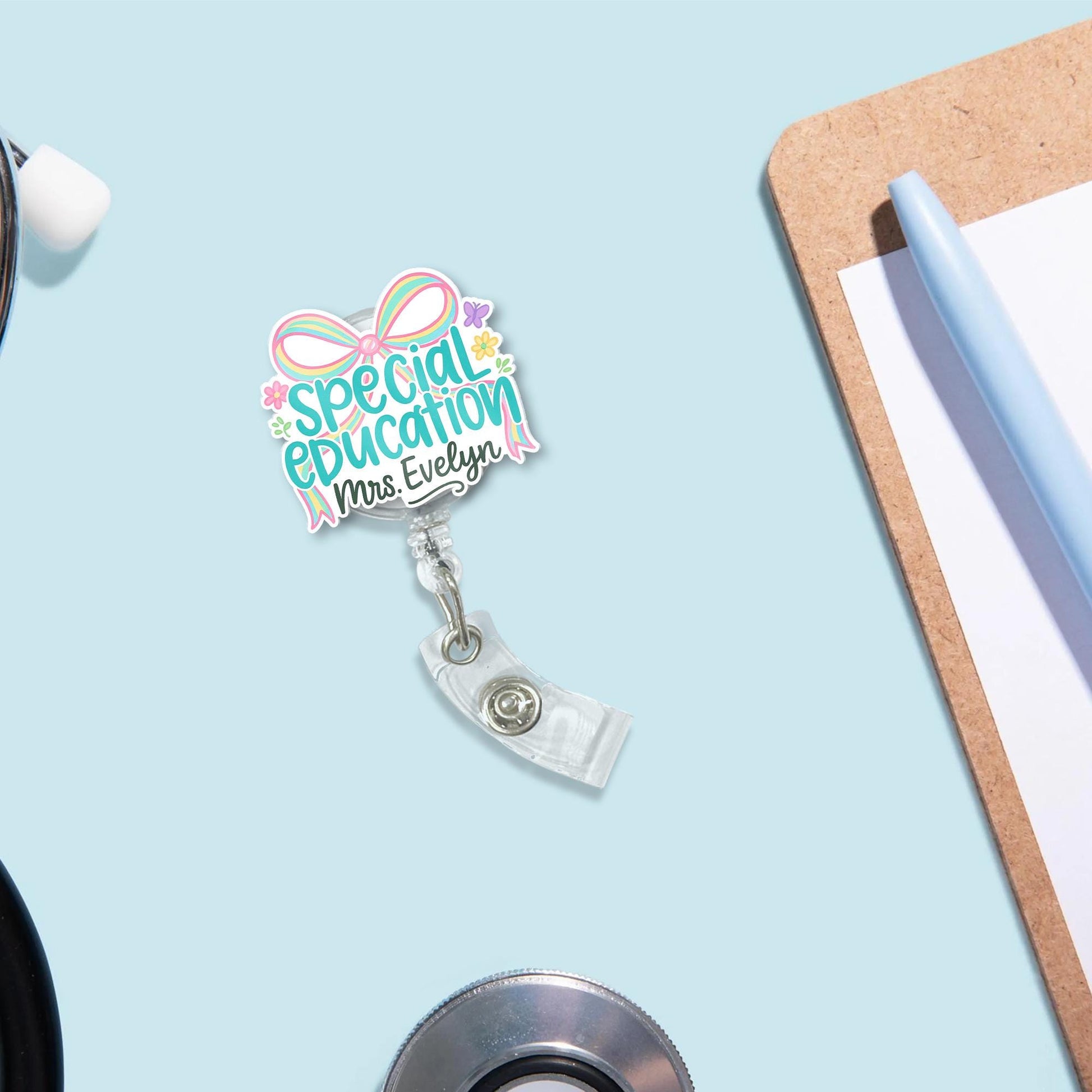 Custom Special Education Badge Reel – Personalized Teacher Name ID Holder with Pastel Bow, Cute Gift for SPED, Para or Educator
