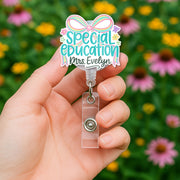 Custom Special Education Badge Reel – Personalized Teacher Name ID Holder with Pastel Bow, Cute Gift for SPED, Para or Educator