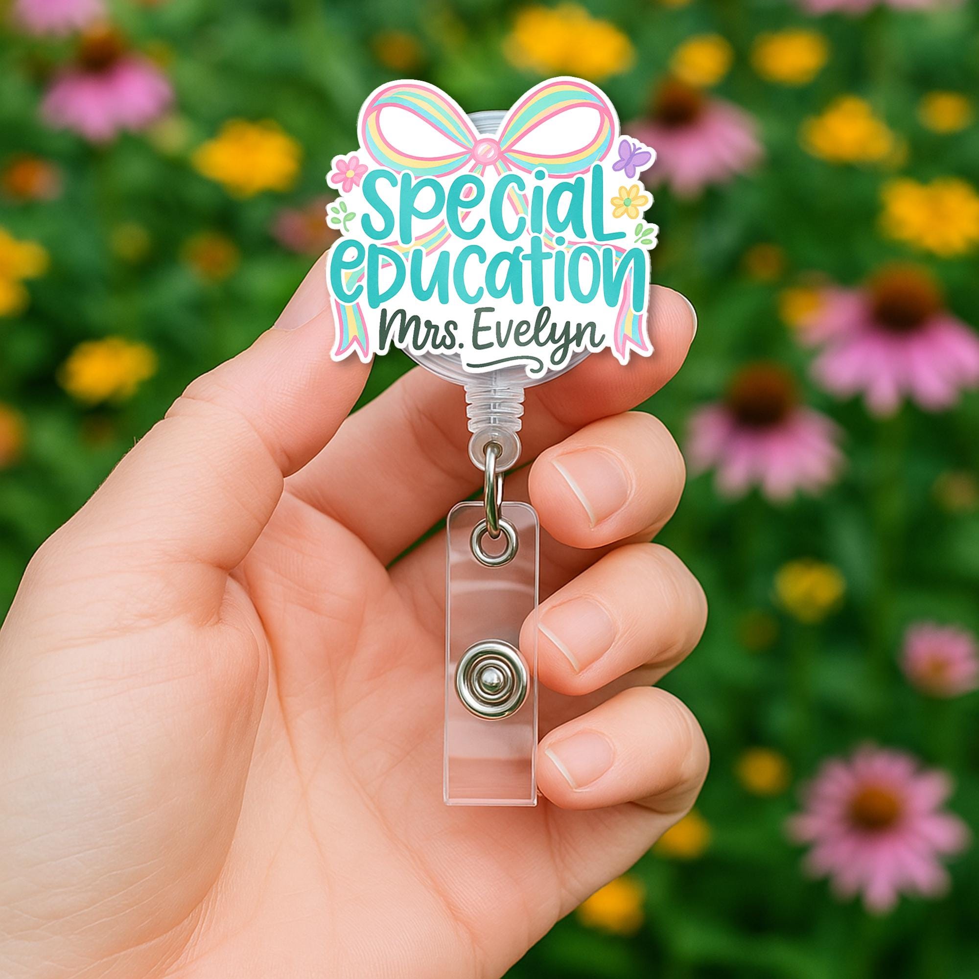 Custom Special Education Badge Reel – Personalized Teacher Name ID Holder with Pastel Bow, Cute Gift for SPED, Para or Educator