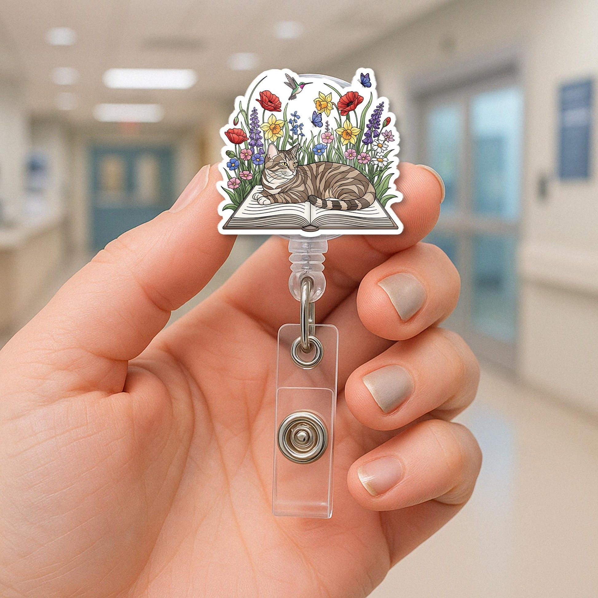 Cat Badge Reel for Book Lovers – Cute Floral Garden Retractable ID Holder, Nurse, Librarian, Teacher Gift, Animal Bookworm Accessory