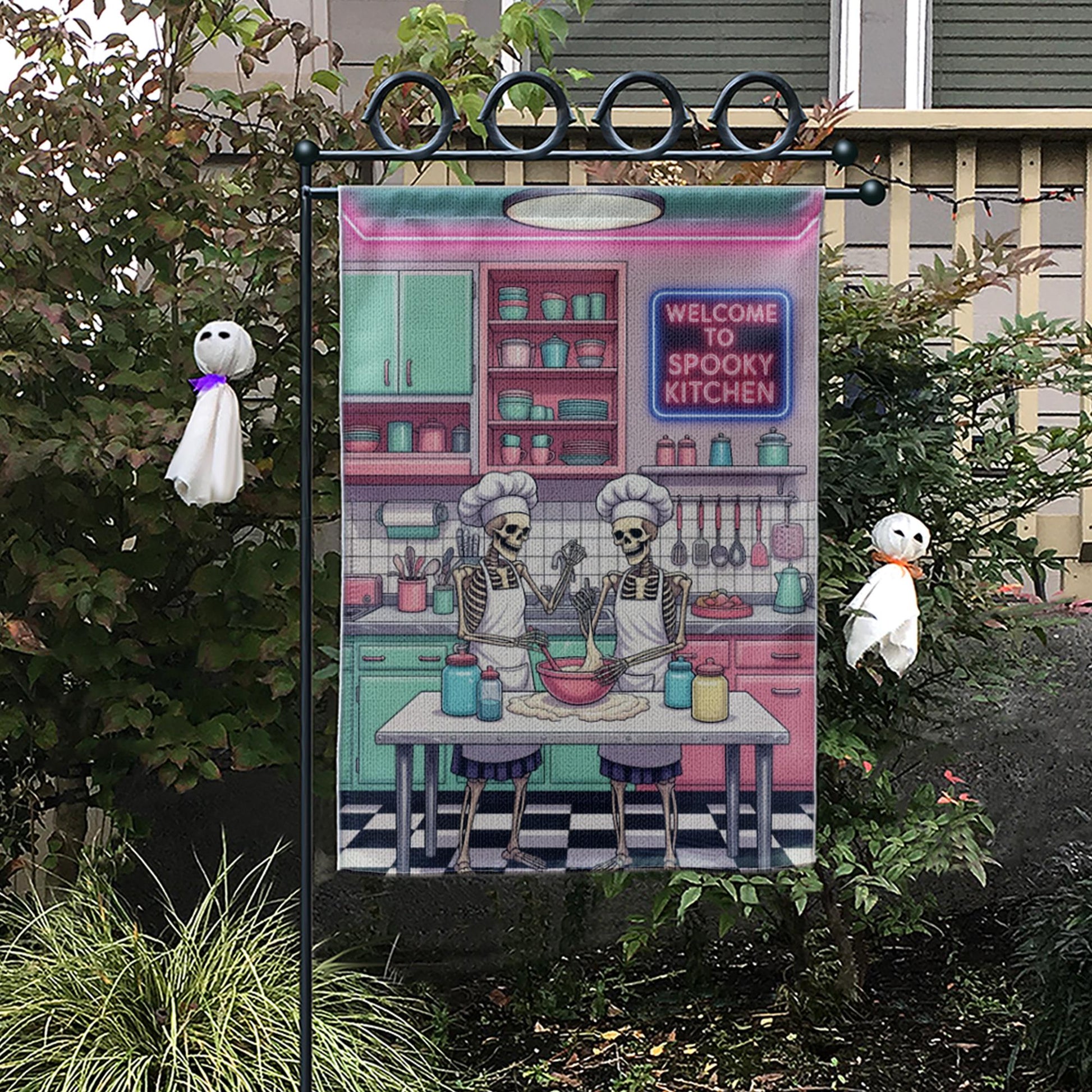 Spooky Kitchen Skeleton Flag – Funny Halloween Garden Flag for Chefs, Bakers & Cooks, Skeleton Decor for Yard or Patio, Fall Outdoor Sign