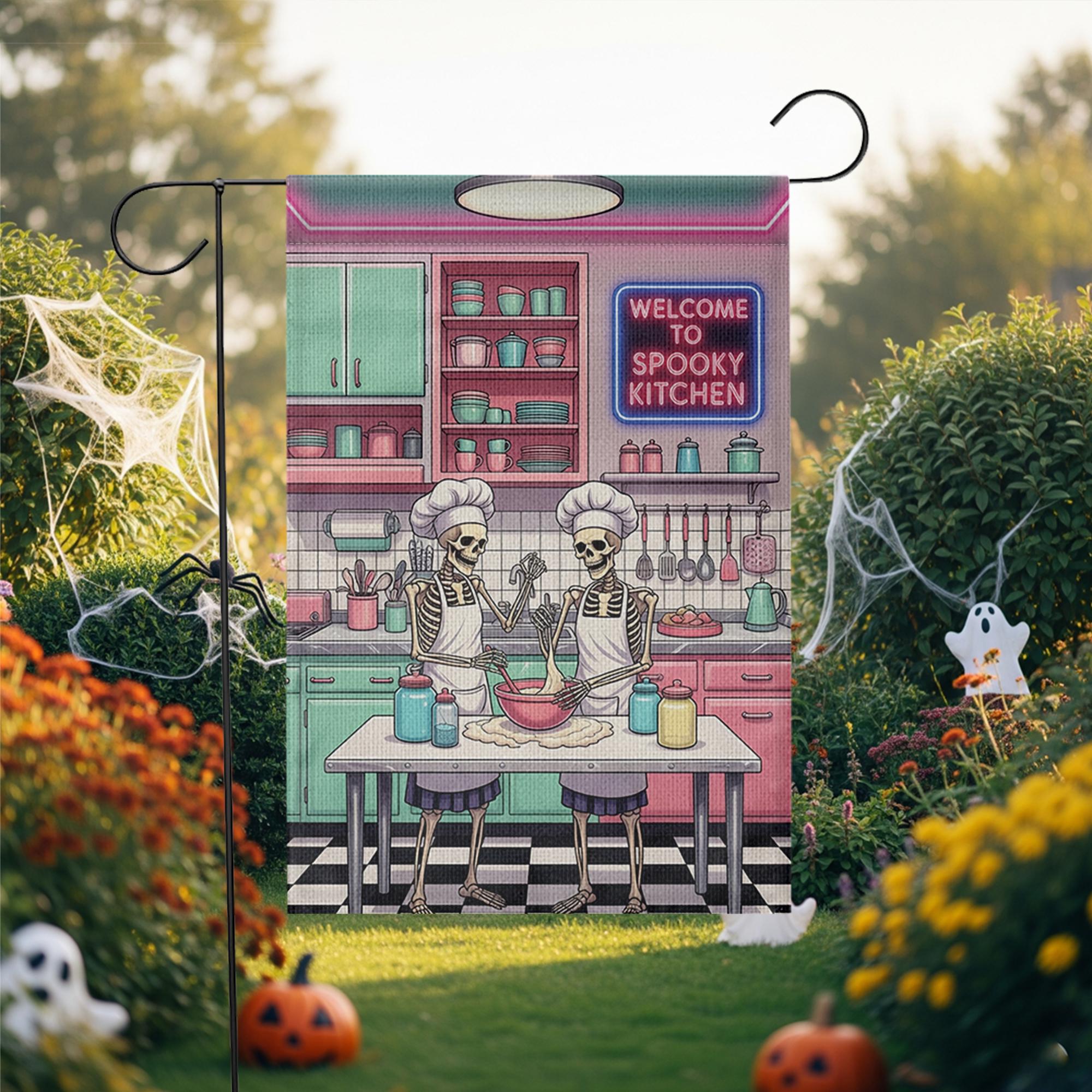Spooky Kitchen Skeleton Flag – Funny Halloween Garden Flag for Chefs, Bakers & Cooks, Skeleton Decor for Yard or Patio, Fall Outdoor Sign