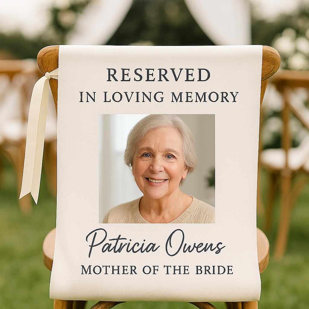 Wedding Memorial Chair Sign, In Loving Memory Photo Banner, Custom Reserved Seat for Loved One, Personalized Remembrance Wedding Decor