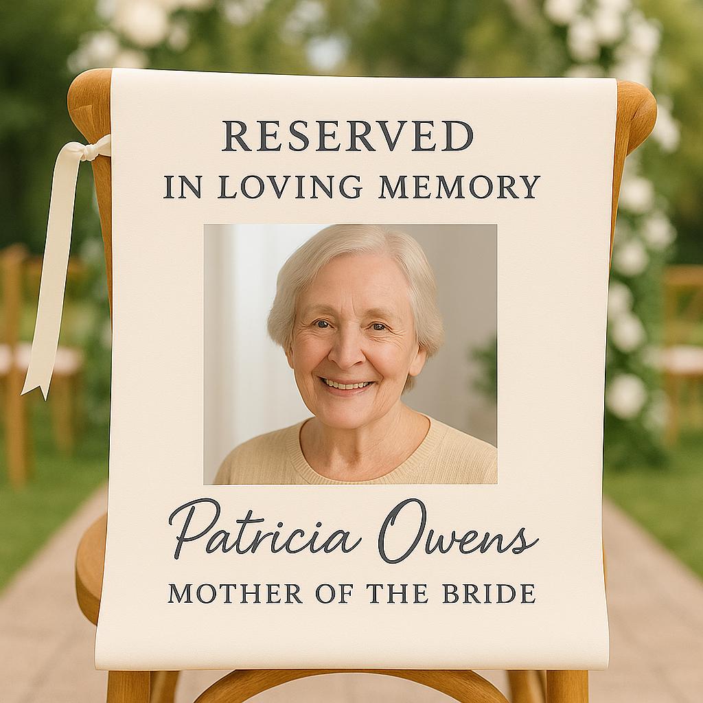 Wedding Memorial Chair Sign, In Loving Memory Photo Banner, Custom Reserved Seat for Loved One, Personalized Remembrance Wedding Decor