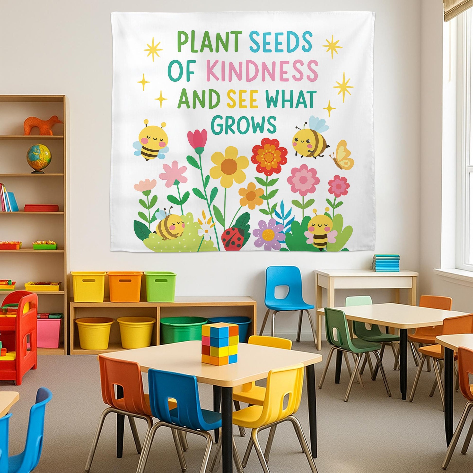 Plant Seeds of Kindness Classroom Wall Decor – Cute Bee and Flower Poster for Teachers, Kids Room, School or Counseling Office, School Art