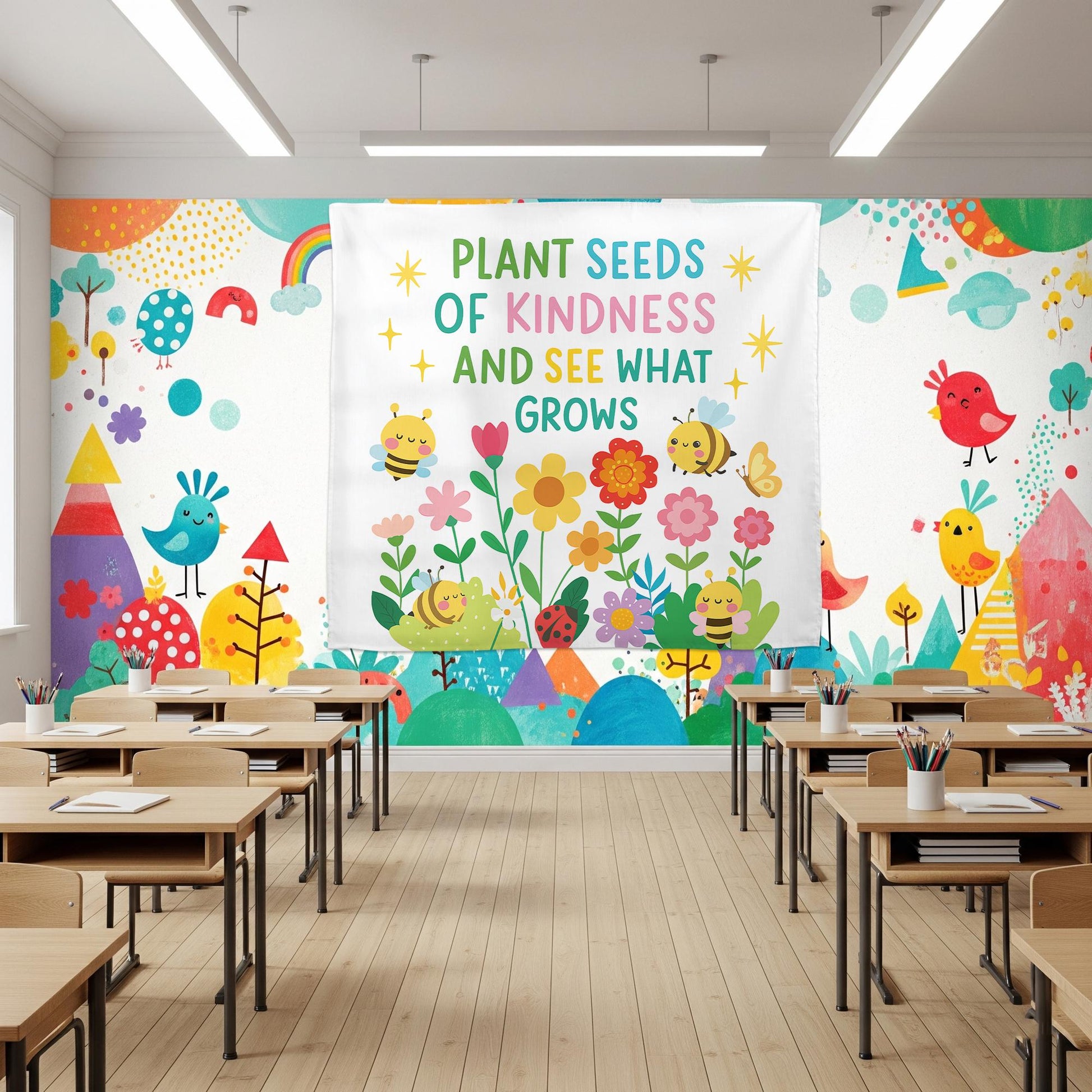 Plant Seeds of Kindness Classroom Wall Decor – Cute Bee and Flower Poster for Teachers, Kids Room, School or Counseling Office, School Art