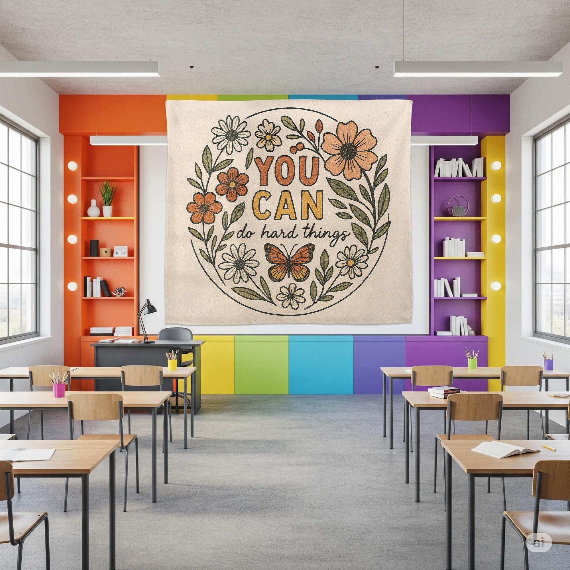 You Can Do Hard Things Classroom Wall Decor – Motivational Floral Poster for Teachers, Students, Kids Room or Counseling Office, School Art