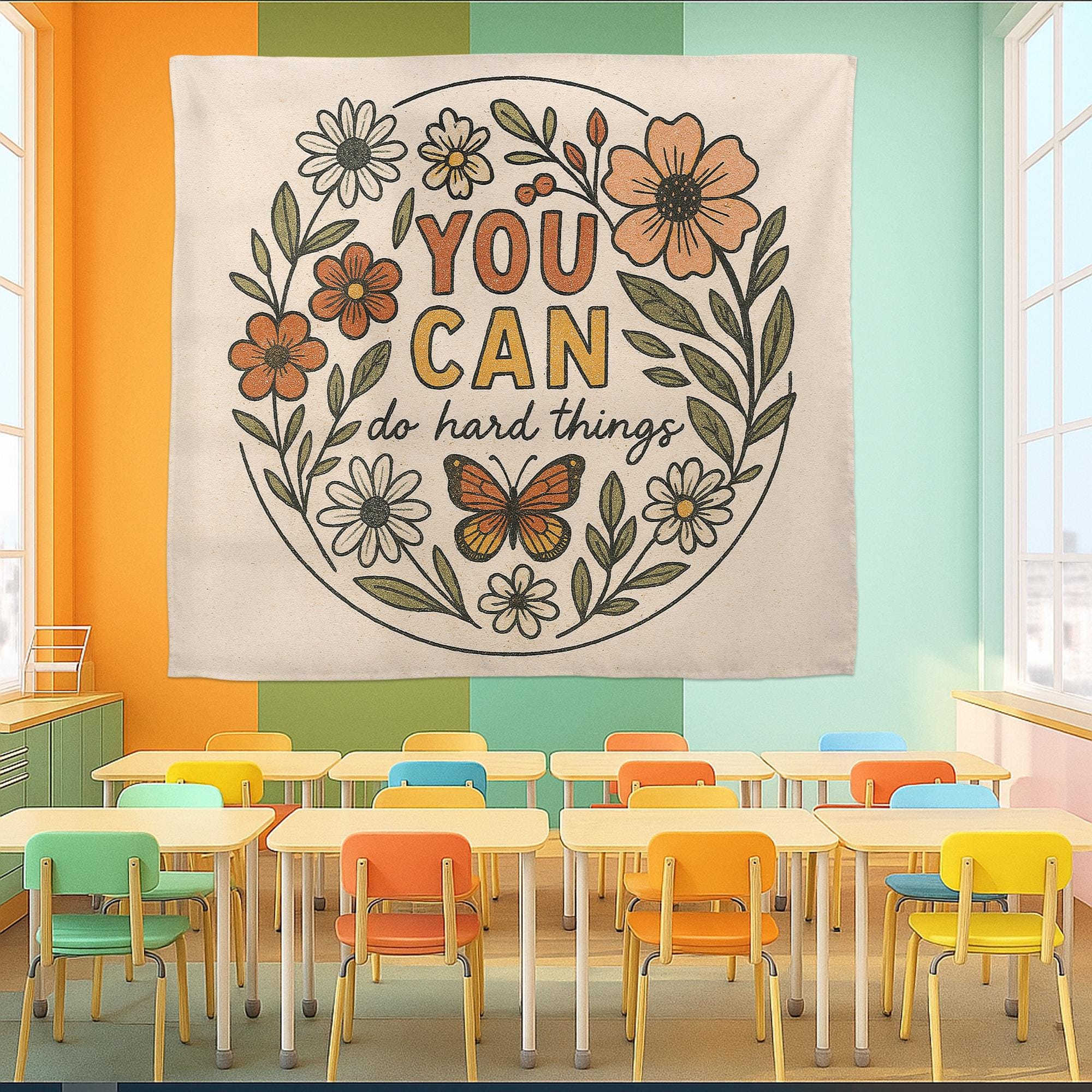 You Can Do Hard Things Classroom Wall Decor – Motivational Floral Poster for Teachers, Students, Kids Room or Counseling Office, School Art