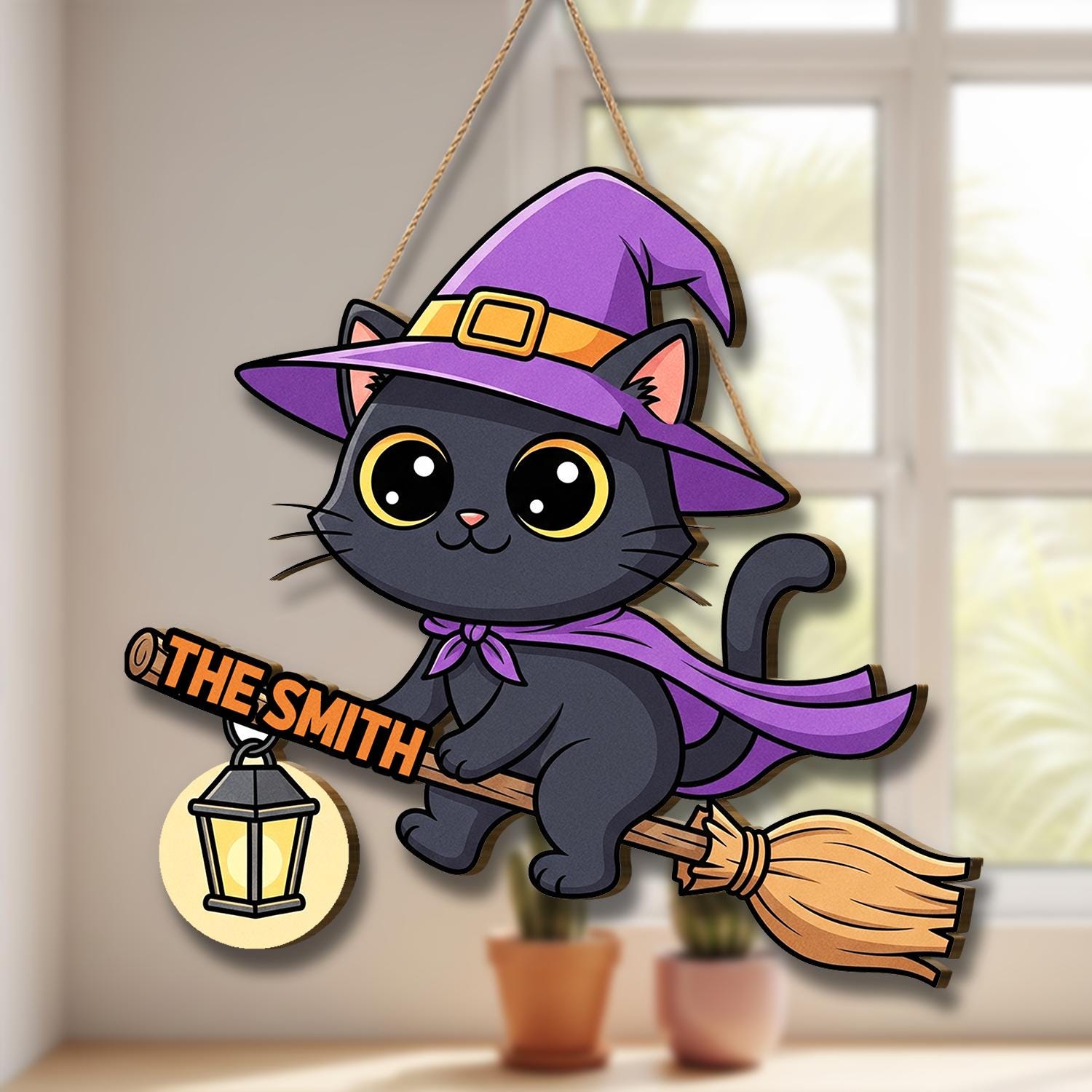 Cute Black Cat Halloween Door Hanger, Witch Cat on Broom with Lantern, Personalized Fall Decor Sign for Front Door, Halloween Door Hanger