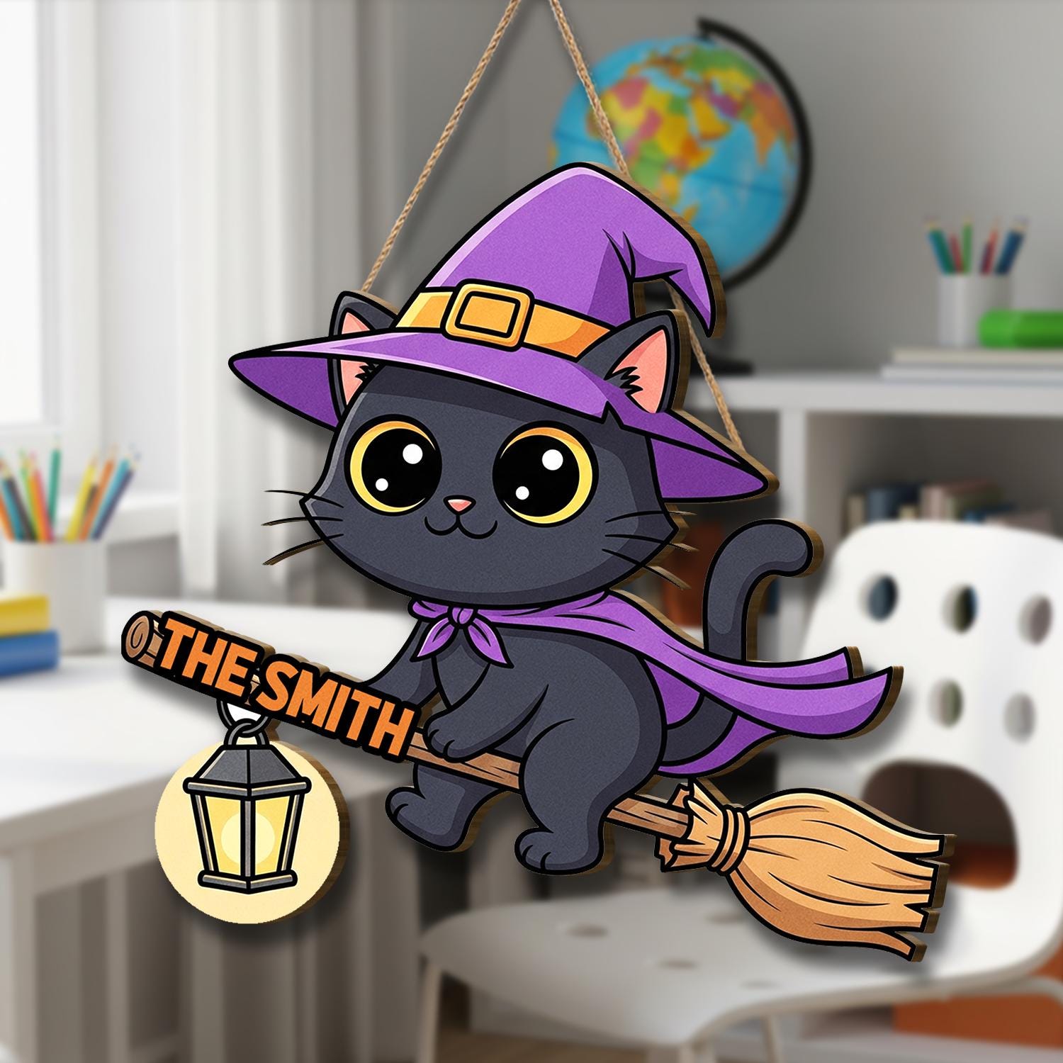 Cute Black Cat Halloween Door Hanger, Witch Cat on Broom with Lantern, Personalized Fall Decor Sign for Front Door, Halloween Door Hanger