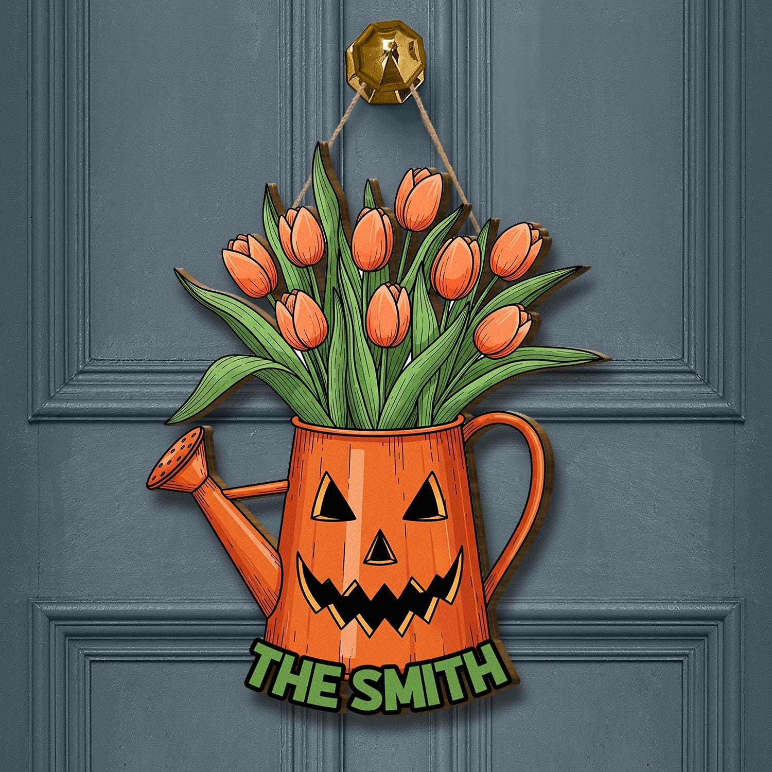 Personalized Halloween Watering Can Door Hanger, Pumpkin Face Tulip Sign, Fall Floral Front Door Decor, Custom Family Name Sign, Home Decor