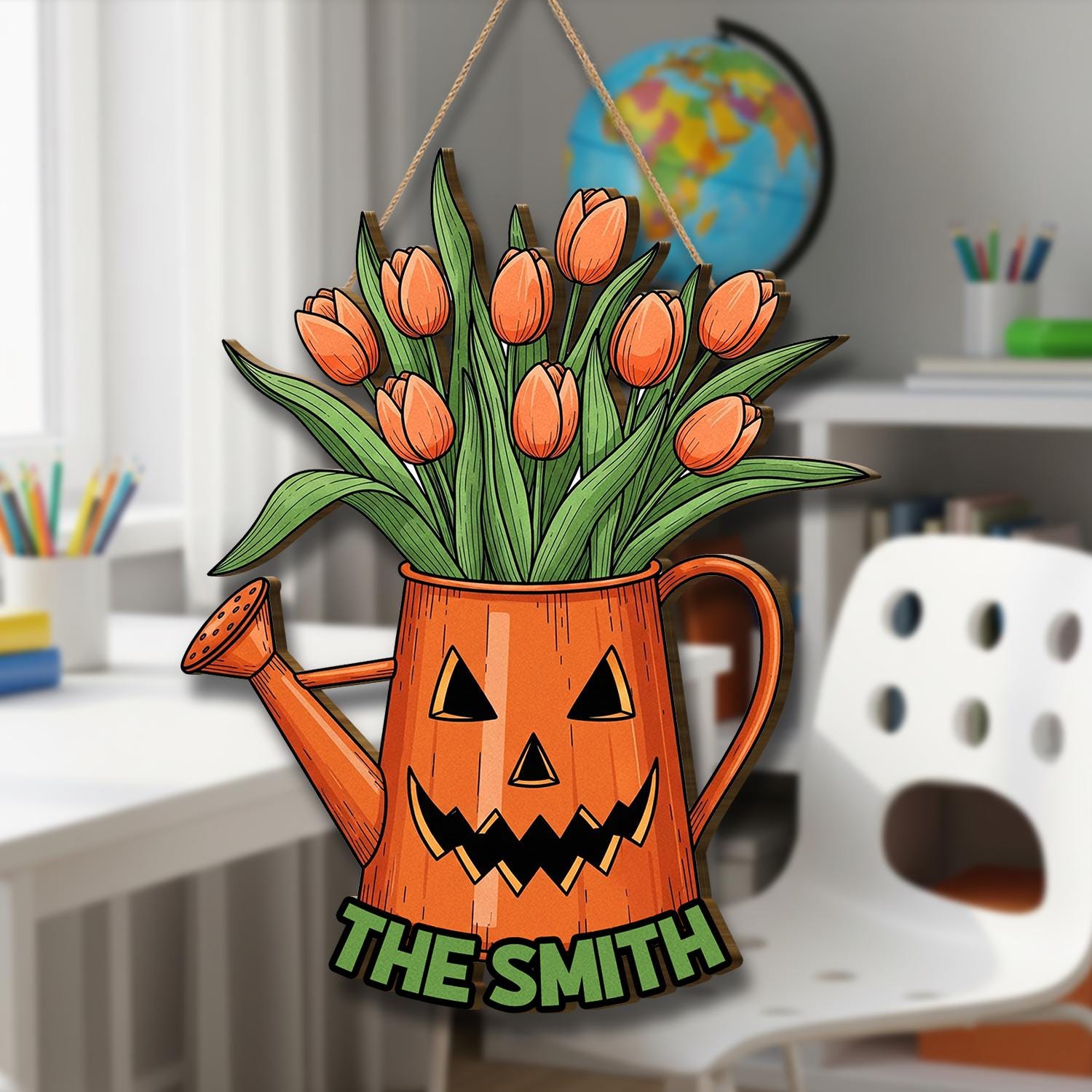 Personalized Halloween Watering Can Door Hanger, Pumpkin Face Tulip Sign, Fall Floral Front Door Decor, Custom Family Name Sign, Home Decor