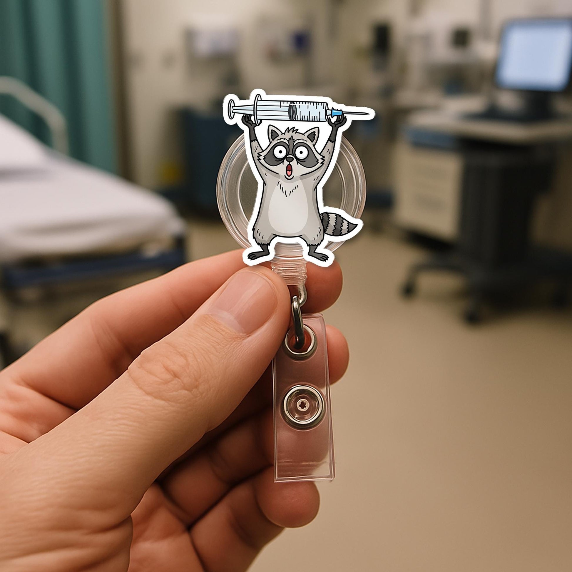 Funny Raccoon Badge Reel, Nurse ID Holder with Syringe, Cute Retractable Clip, Vet Tech Gift, Hospital Badge Accessory, RN Badge