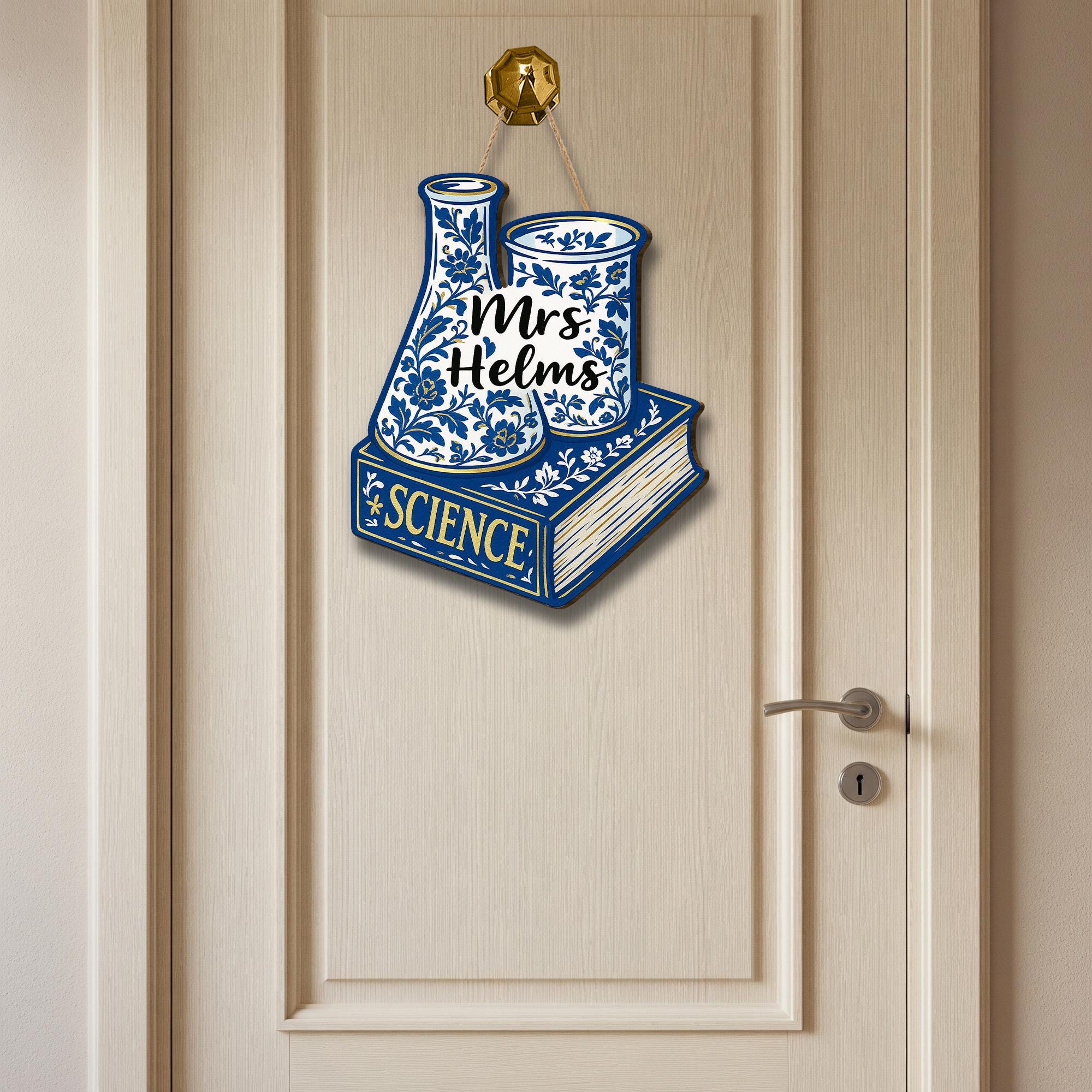 Custom Science Teacher Door Sign - Chinoiserie Classroom Decor - Personalized STEM Gift - Blue Floral Lab Book Name Sign for Teachers
