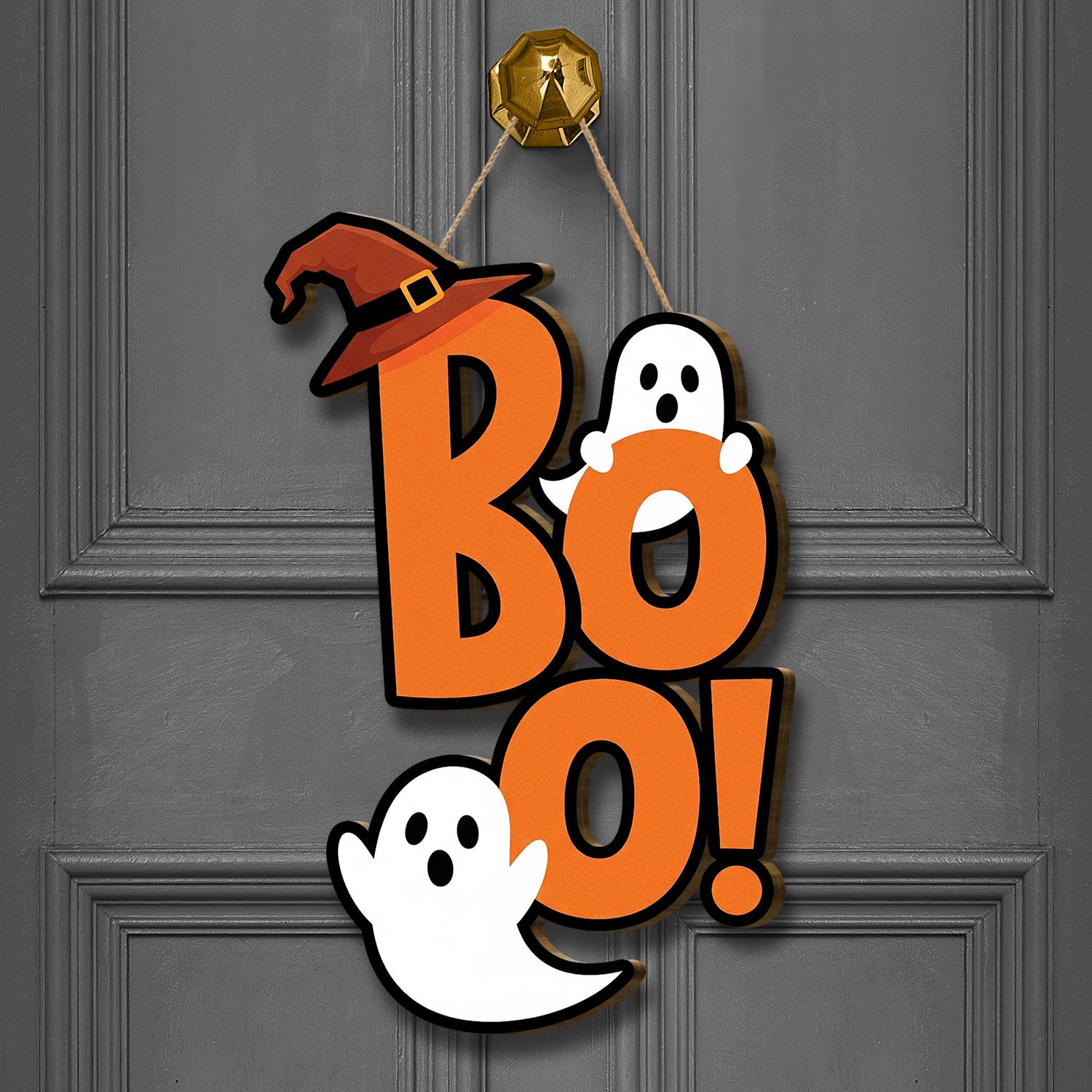 BOO Ghost Halloween Door Hanger, Cute Witch Hat Sign for Front Door, Fun Halloween Decor, Ghost Door Decoration for Fall, Home Door Hanger