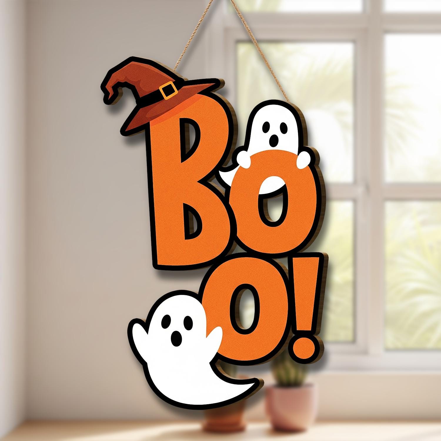 BOO Ghost Halloween Door Hanger, Cute Witch Hat Sign for Front Door, Fun Halloween Decor, Ghost Door Decoration for Fall, Home Door Hanger