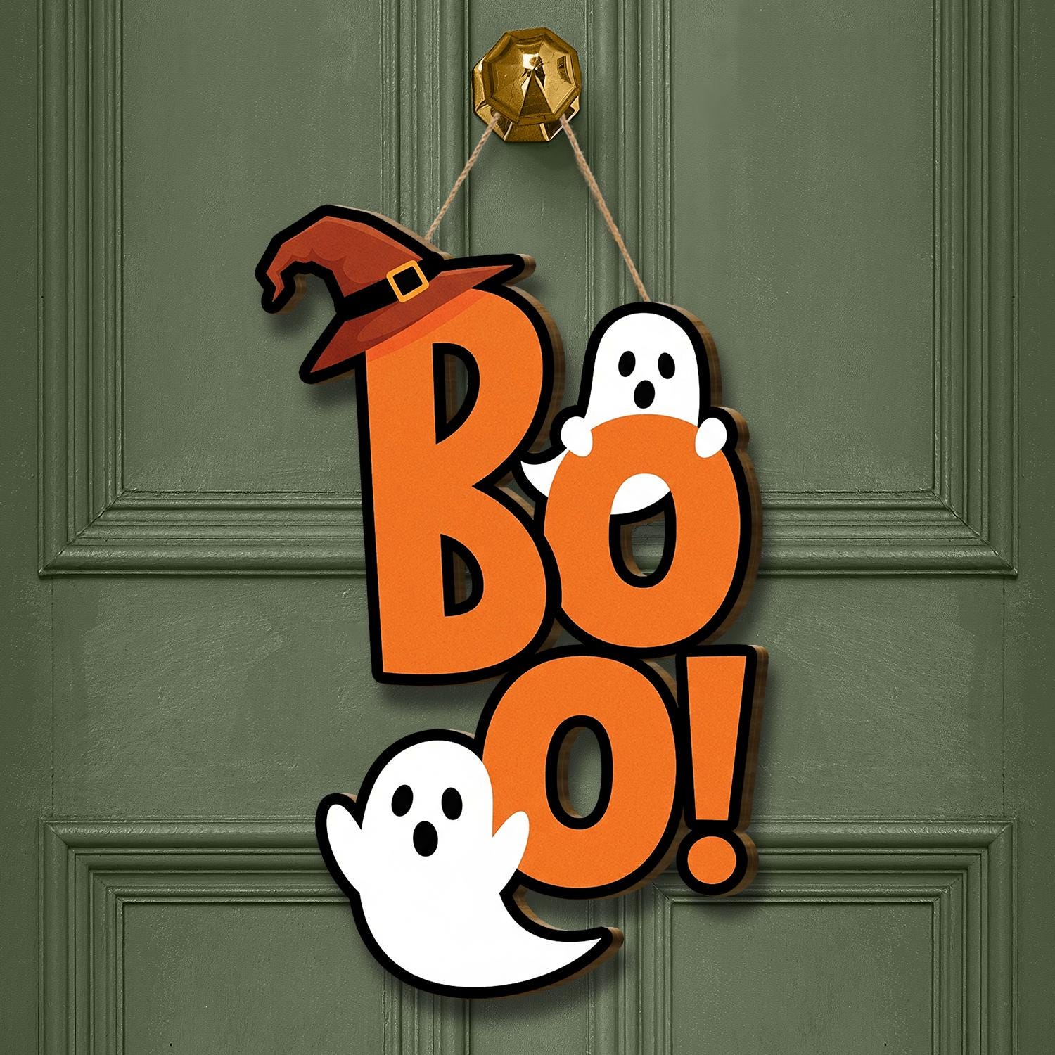 BOO Ghost Halloween Door Hanger, Cute Witch Hat Sign for Front Door, Fun Halloween Decor, Ghost Door Decoration for Fall, Home Door Hanger