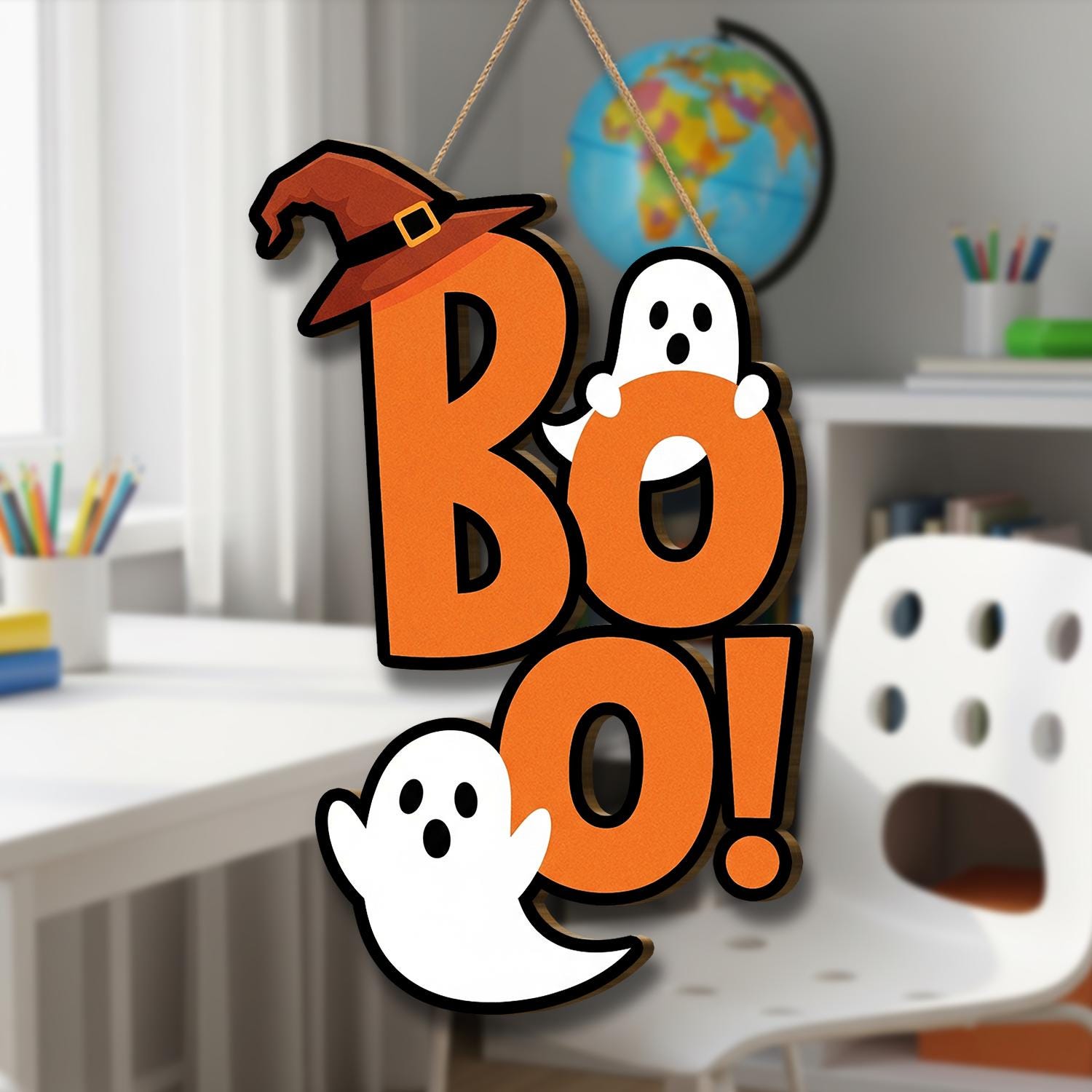 BOO Ghost Halloween Door Hanger, Cute Witch Hat Sign for Front Door, Fun Halloween Decor, Ghost Door Decoration for Fall, Home Door Hanger