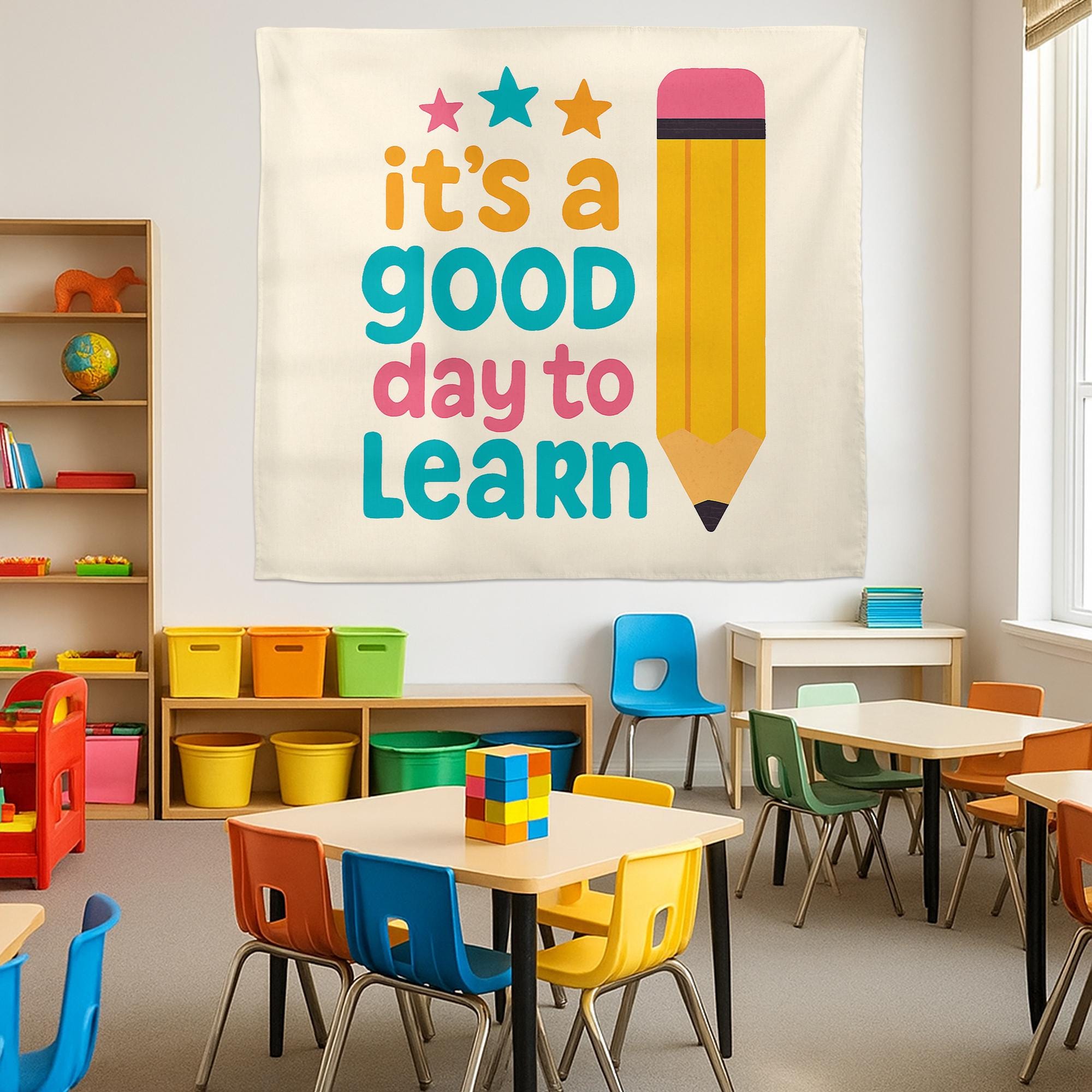 It’s a Good Day to Learn Tapestry, Classroom Wall Banner, Teacher Motivation Sign, School Decor, Bright Pencil Learning Poster