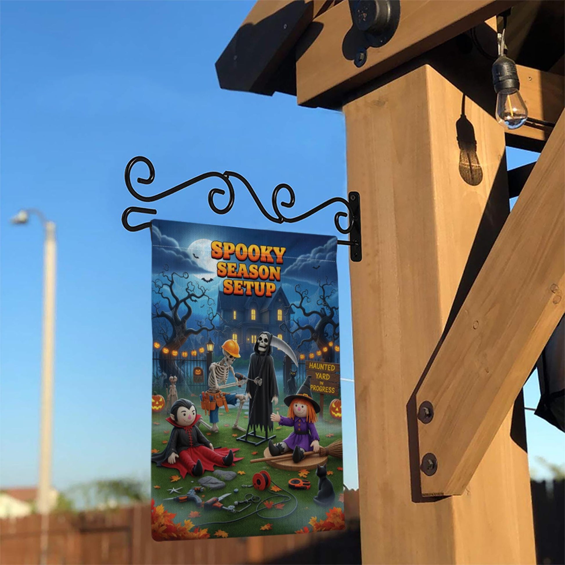 Spooky Season Setup Garden Flag – Funny Halloween Yard Decor with Skeleton, Witch, Grim Reaper & Vampire – Haunted Yard Sign for Outdoor
