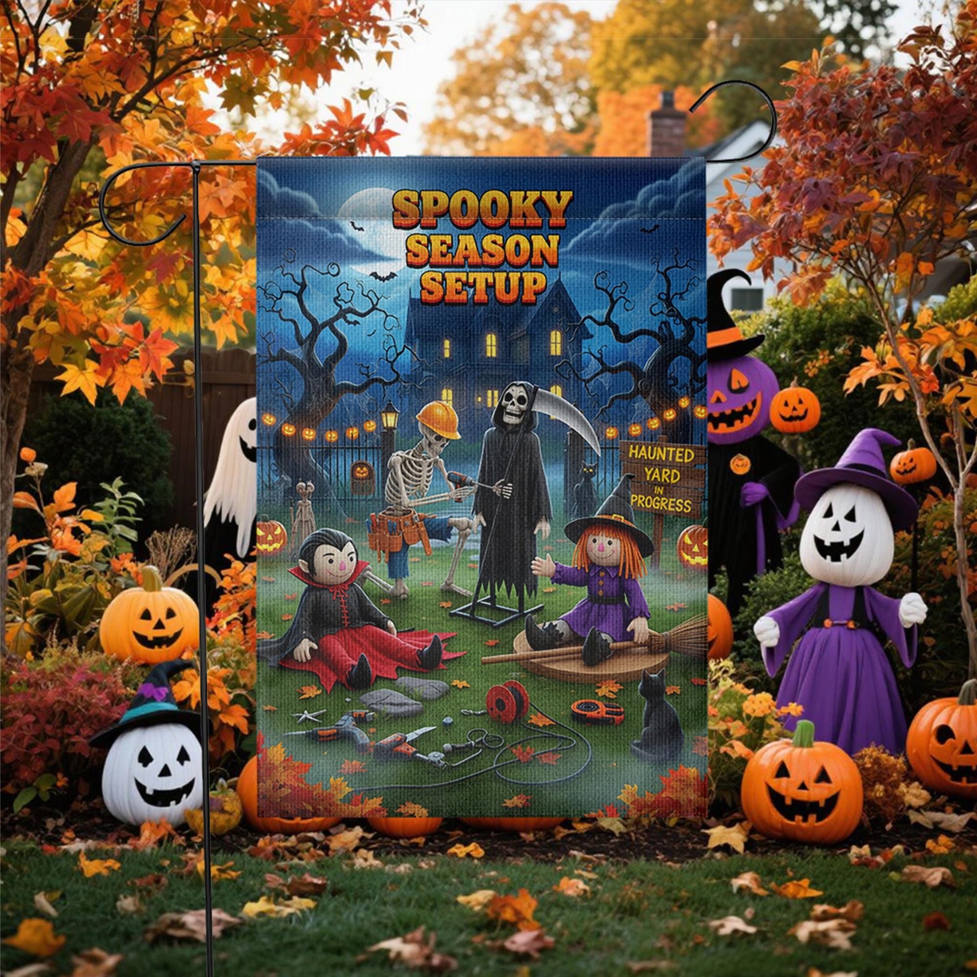 Spooky Season Setup Garden Flag – Funny Halloween Yard Decor with Skeleton, Witch, Grim Reaper & Vampire – Haunted Yard Sign for Outdoor