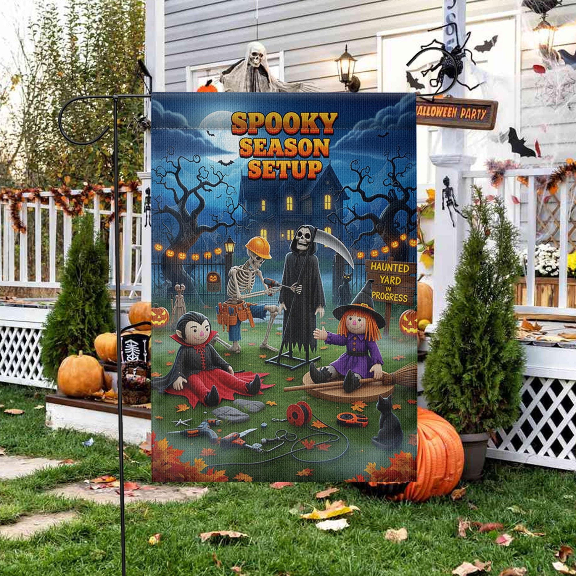 Spooky Season Setup Garden Flag – Funny Halloween Yard Decor with Skeleton, Witch, Grim Reaper & Vampire – Haunted Yard Sign for Outdoor