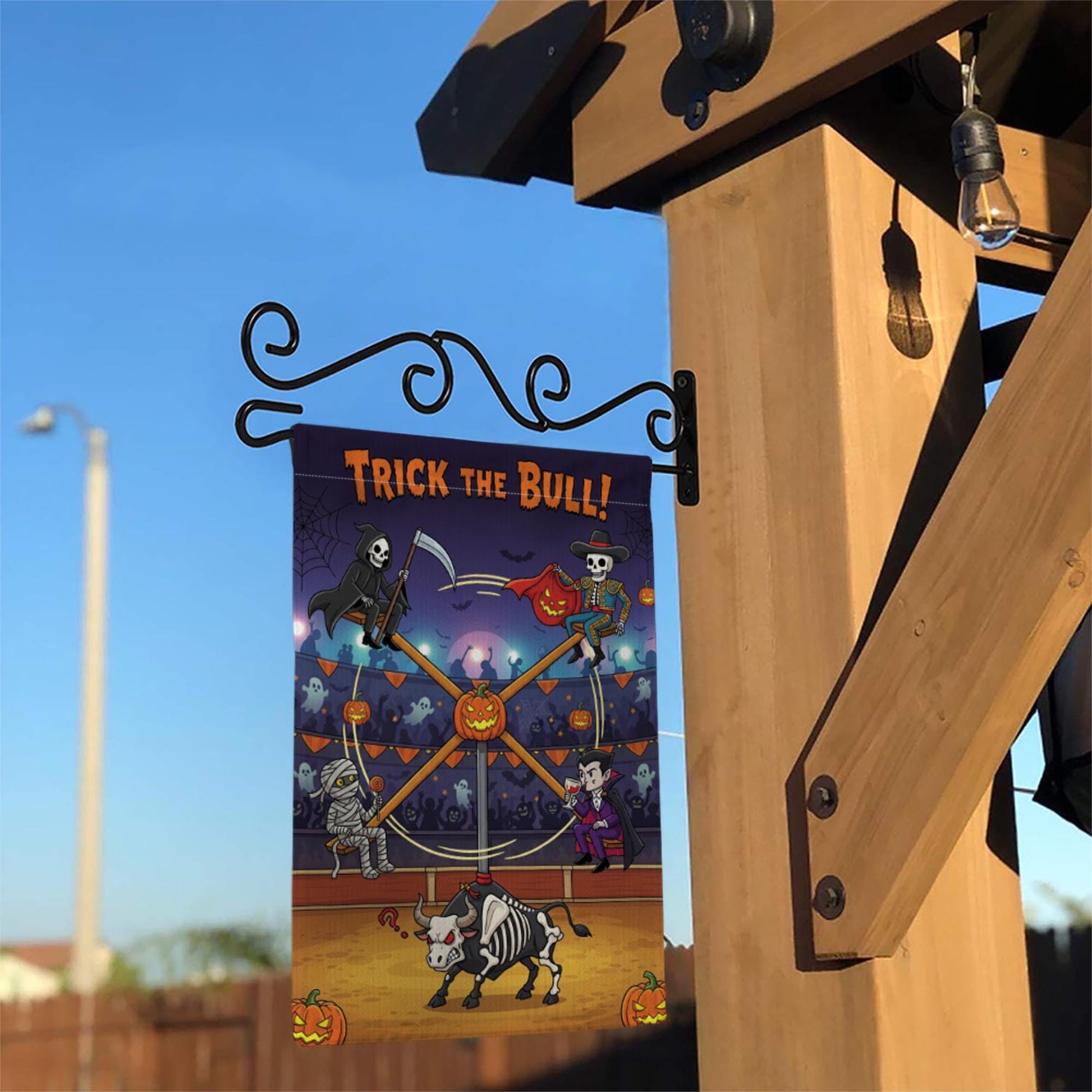 Trick the Bull Halloween Garden Flag – Funny Haunted Yard Decor with Skeleton Bull, Vampire, Grim Reaper & Mummy – Spooky Outdoor Sign