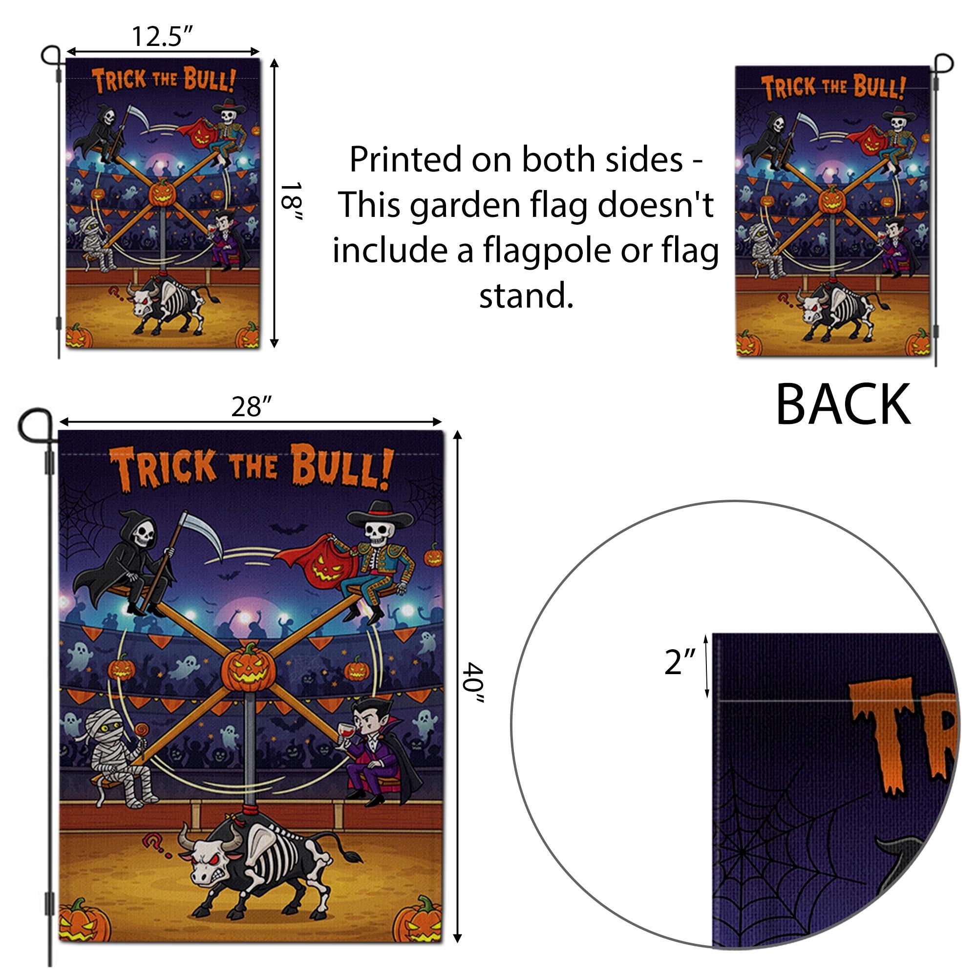 Trick the Bull Halloween Garden Flag – Funny Haunted Yard Decor with Skeleton Bull, Vampire, Grim Reaper & Mummy – Spooky Outdoor Sign