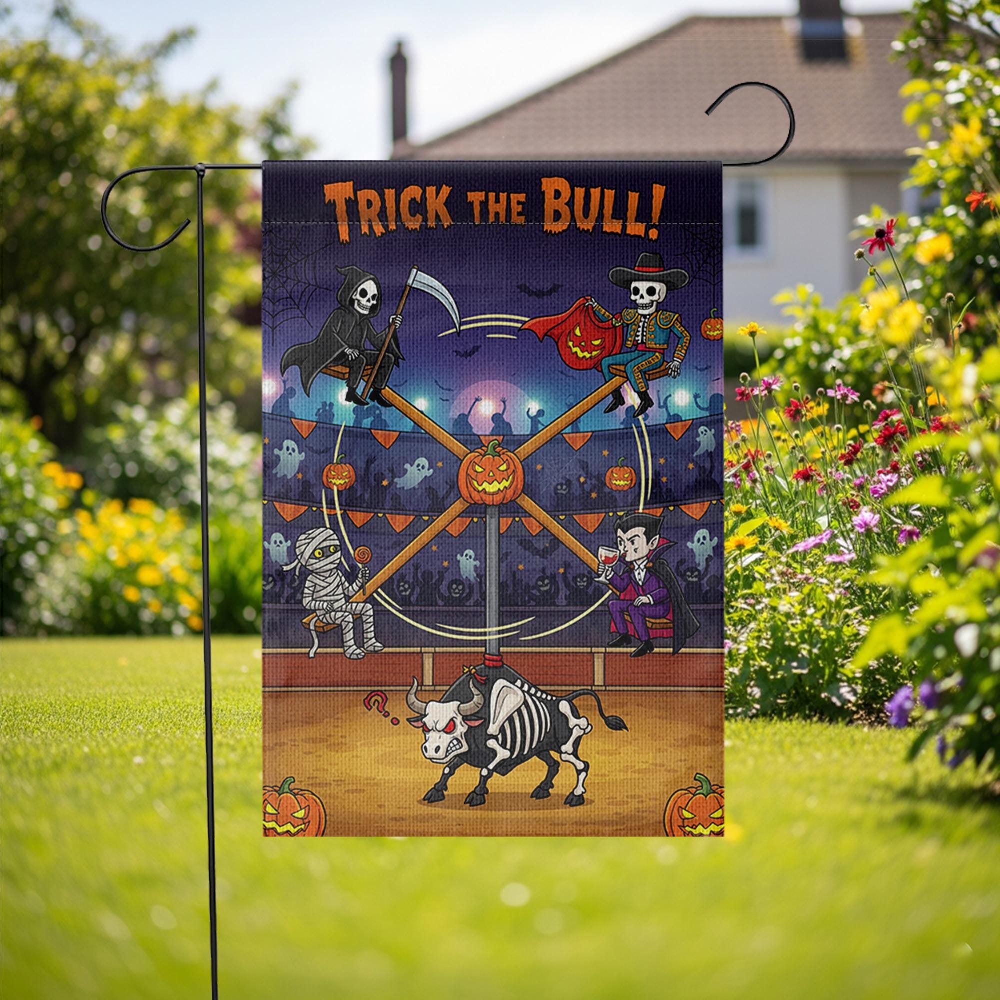 Trick the Bull Halloween Garden Flag – Funny Haunted Yard Decor with Skeleton Bull, Vampire, Grim Reaper & Mummy – Spooky Outdoor Sign
