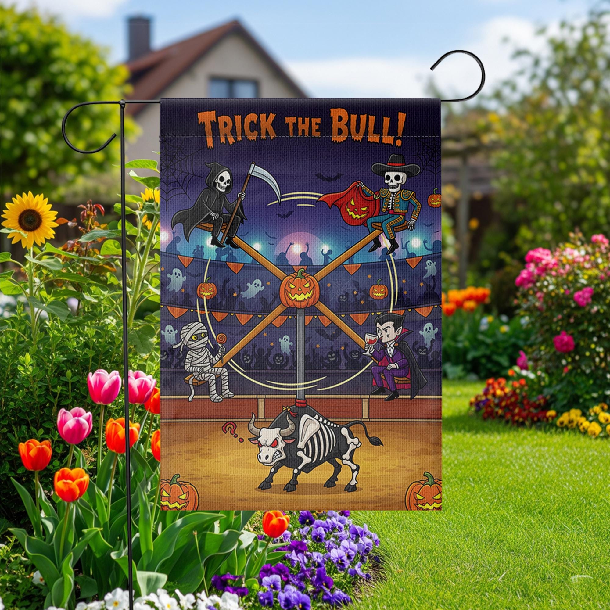 Trick the Bull Halloween Garden Flag – Funny Haunted Yard Decor with Skeleton Bull, Vampire, Grim Reaper & Mummy – Spooky Outdoor Sign