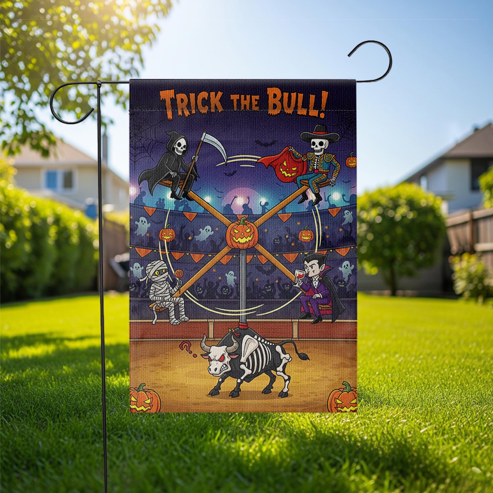 Trick the Bull Halloween Garden Flag – Funny Haunted Yard Decor with Skeleton Bull, Vampire, Grim Reaper & Mummy – Spooky Outdoor Sign