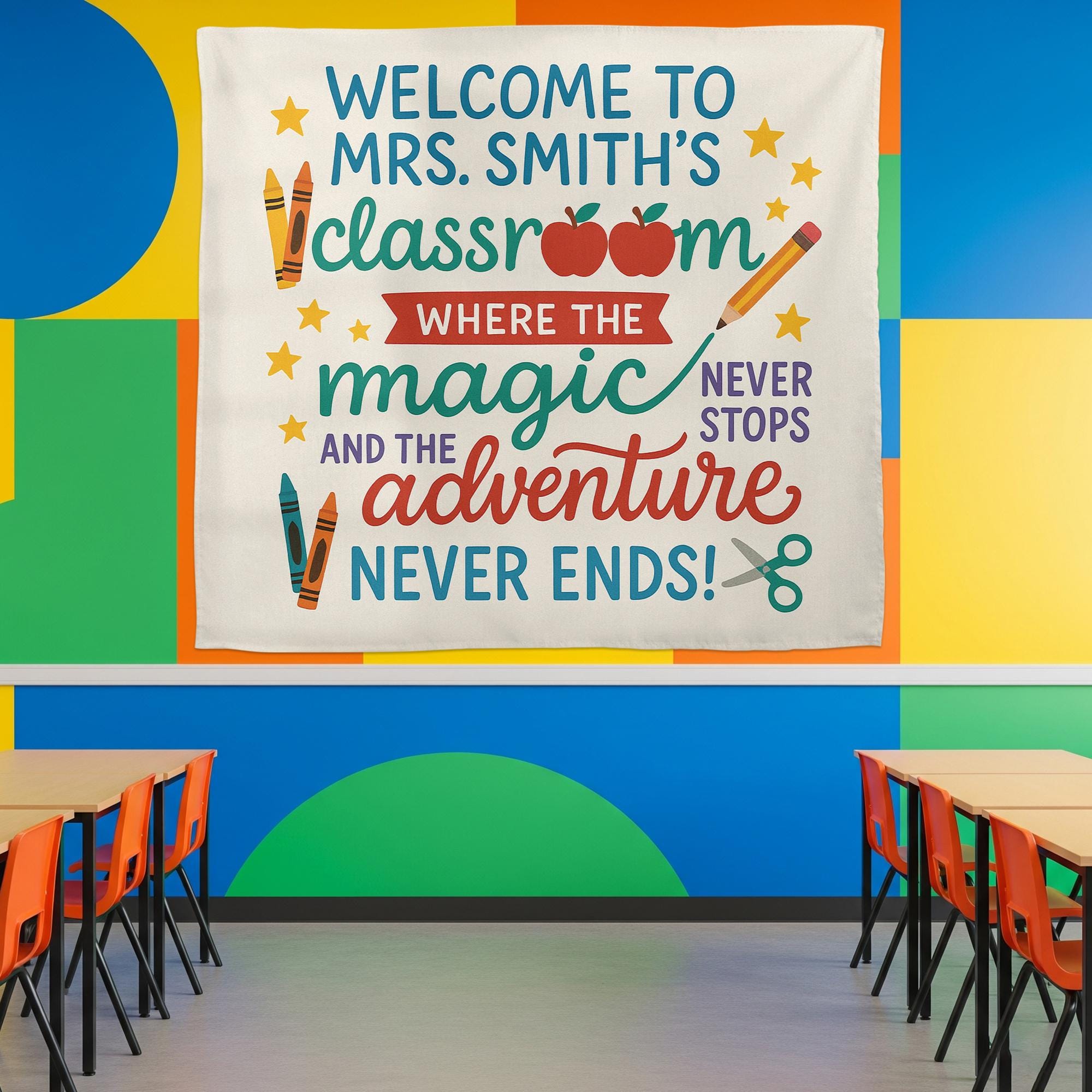 Welcome to Classroom Tapestry, Teacher Magic Adventure Sign, Personalized Classroom Wall Banner, Back to School Teacher Decor