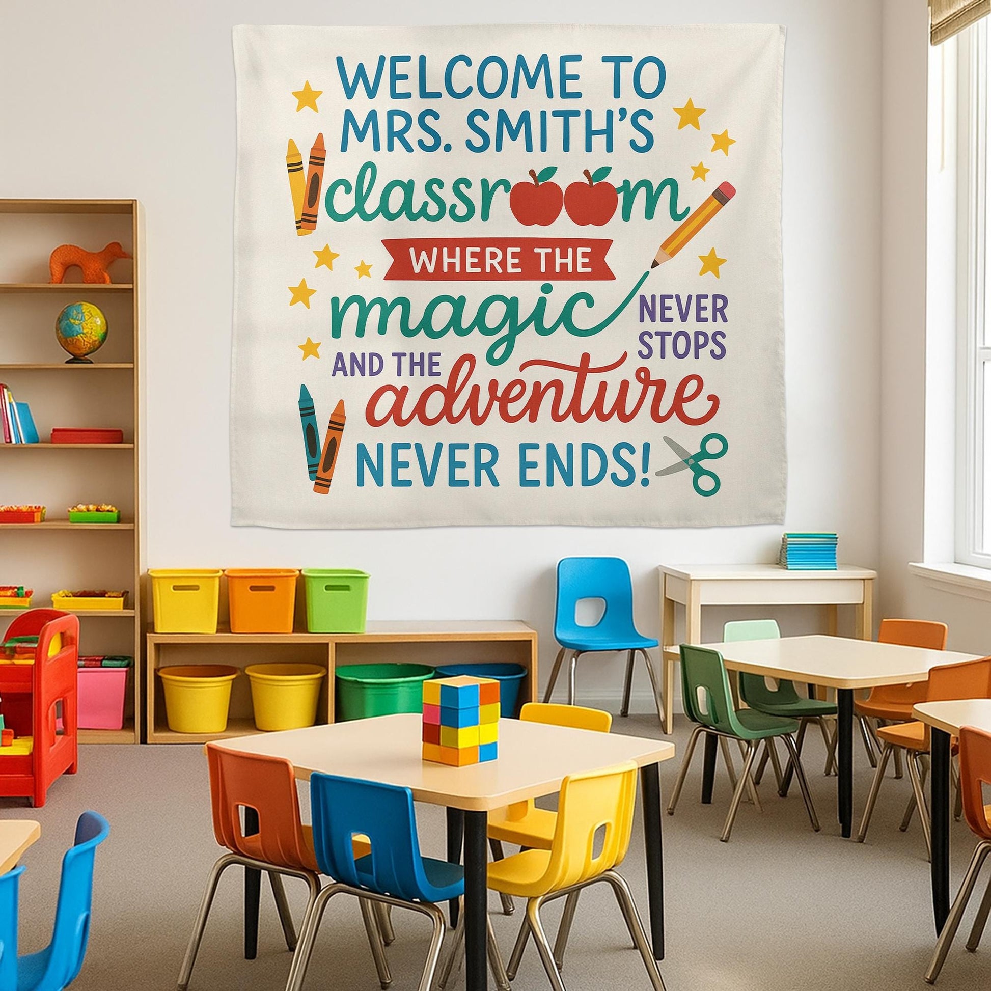 Welcome to Classroom Tapestry, Teacher Magic Adventure Sign, Personalized Classroom Wall Banner, Back to School Teacher Decor