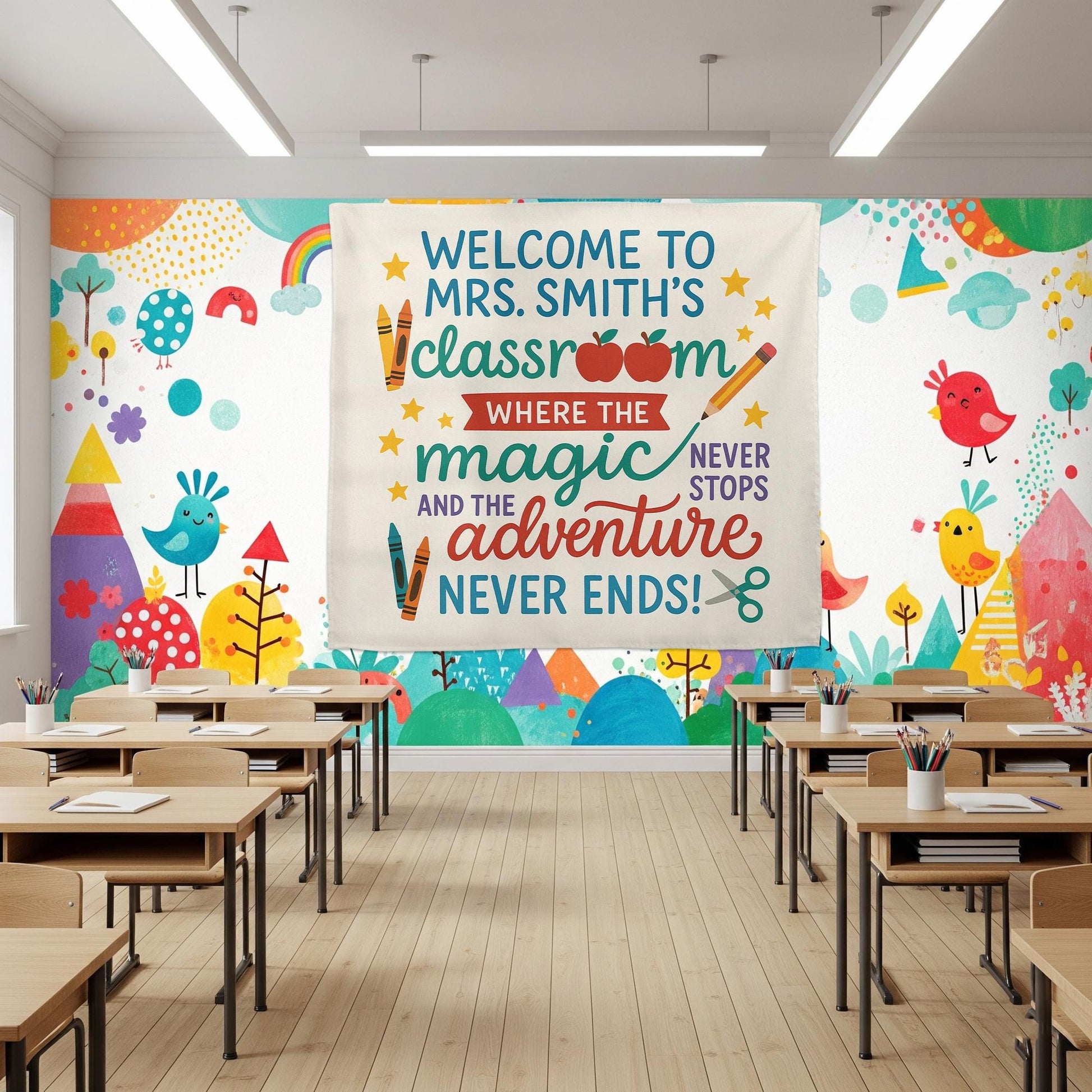 Welcome to Classroom Tapestry, Teacher Magic Adventure Sign, Personalized Classroom Wall Banner, Back to School Teacher Decor