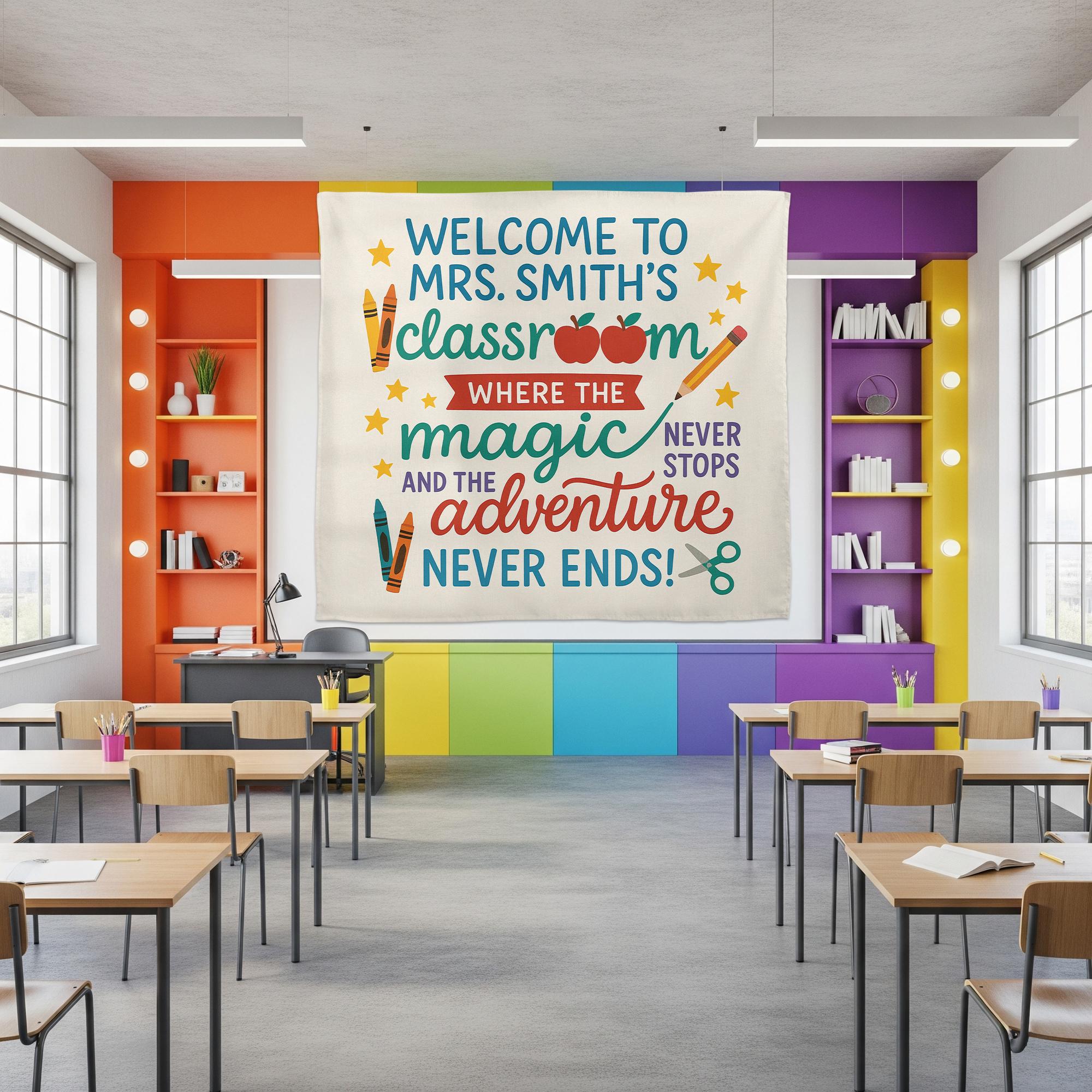 Welcome to Classroom Tapestry, Teacher Magic Adventure Sign, Personalized Classroom Wall Banner, Back to School Teacher Decor